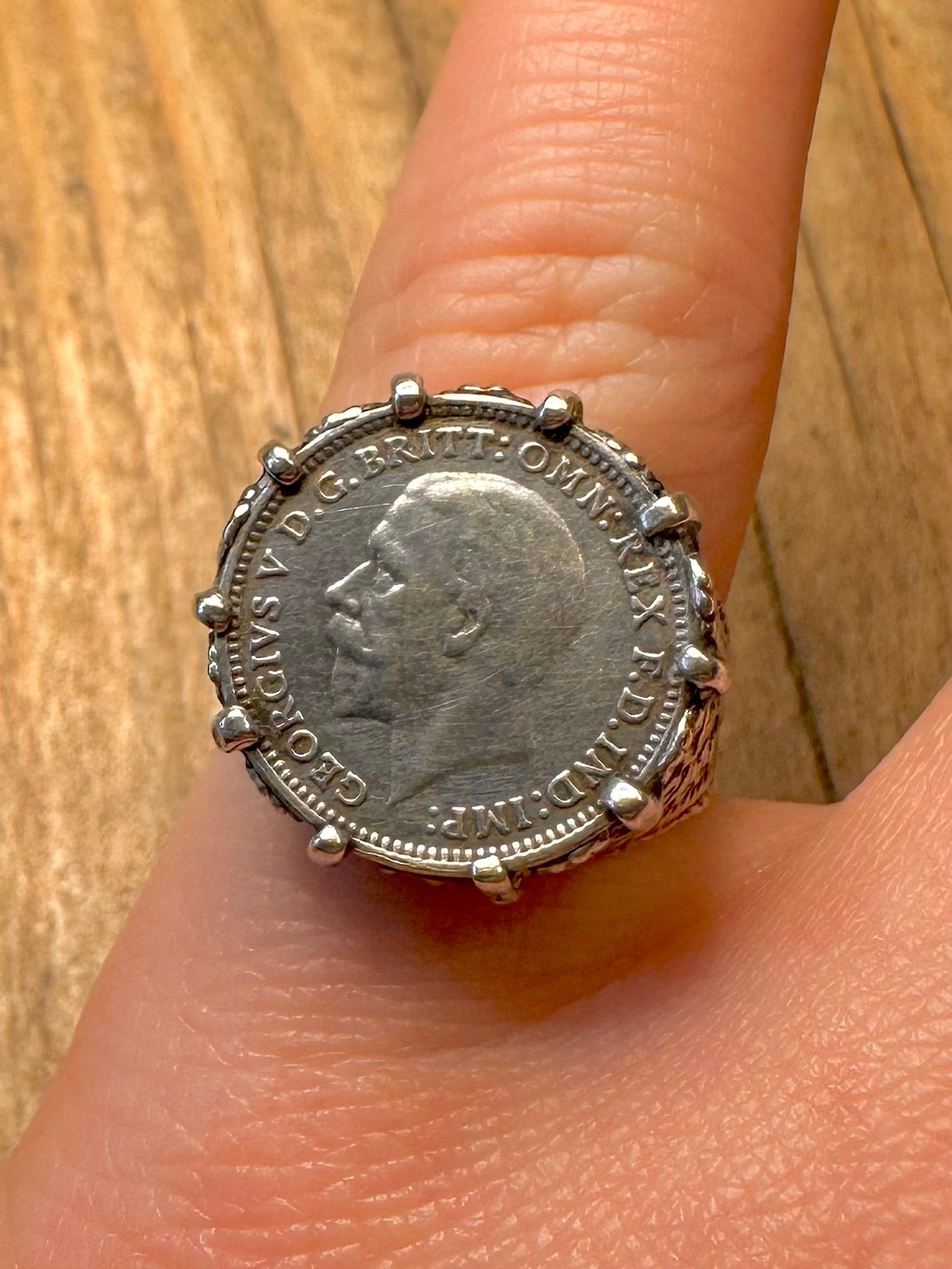 Vintage 1931 Threepence Coin Ornate 925 Sterling Silver Size M1/2 Ring