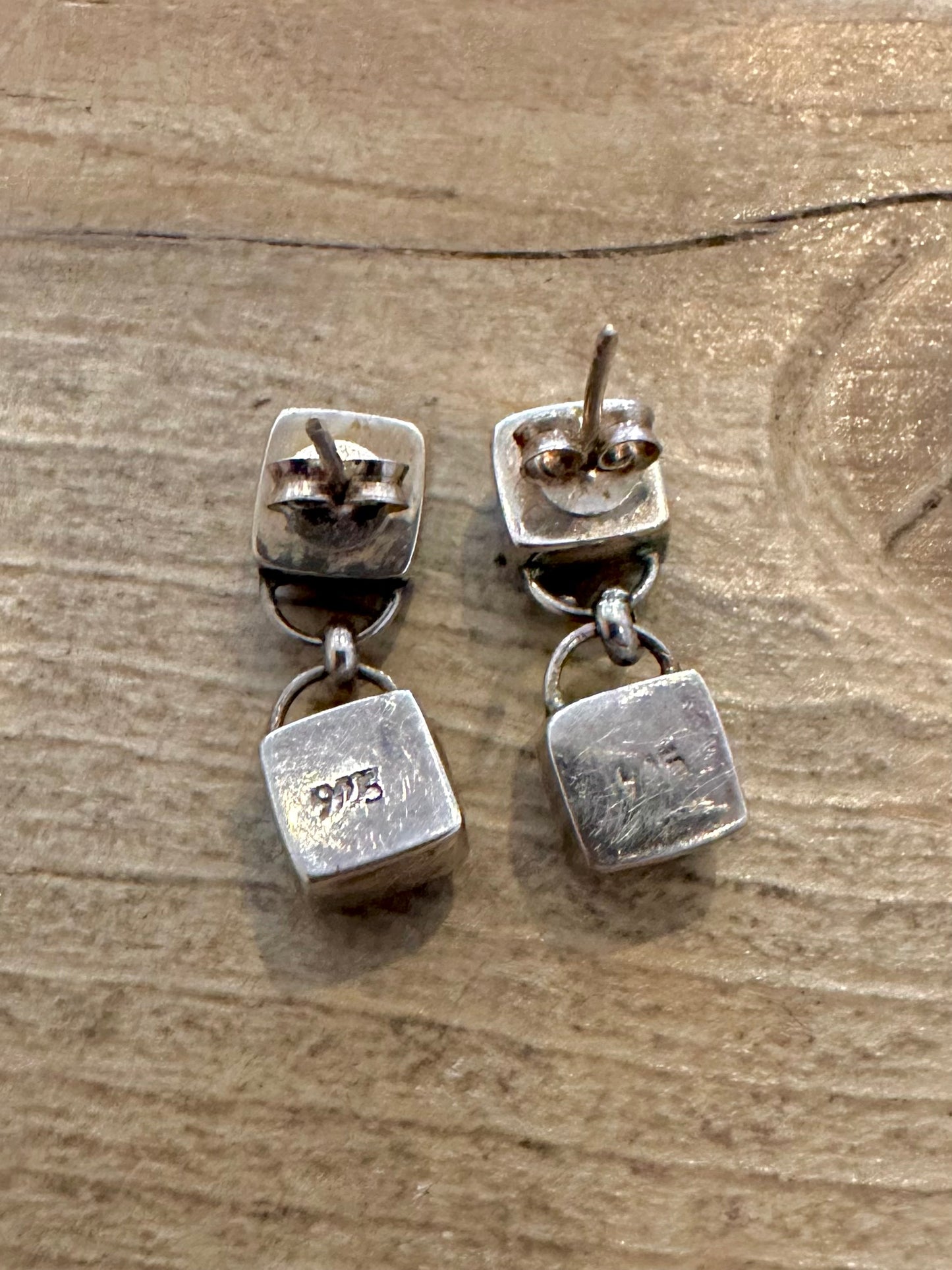 Vintage Blue Stone Square 925 Silver Earrings