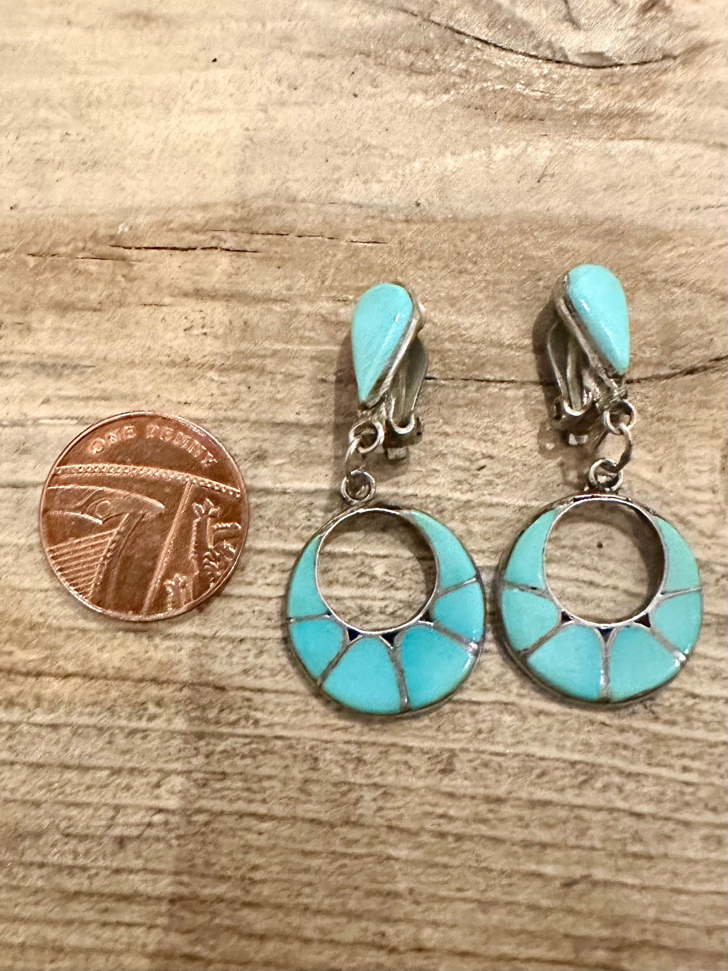 Vintage Zuni Navajo Turquoise Dangle Clip On 925 Silver Earrings