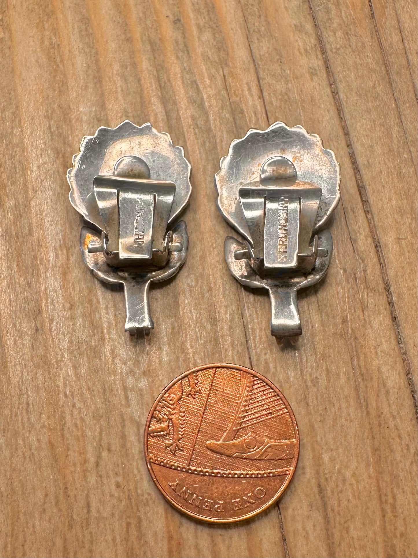 Vintage Siam Black Enamel Peacock Clip On 925 Sterling Silver Earrings