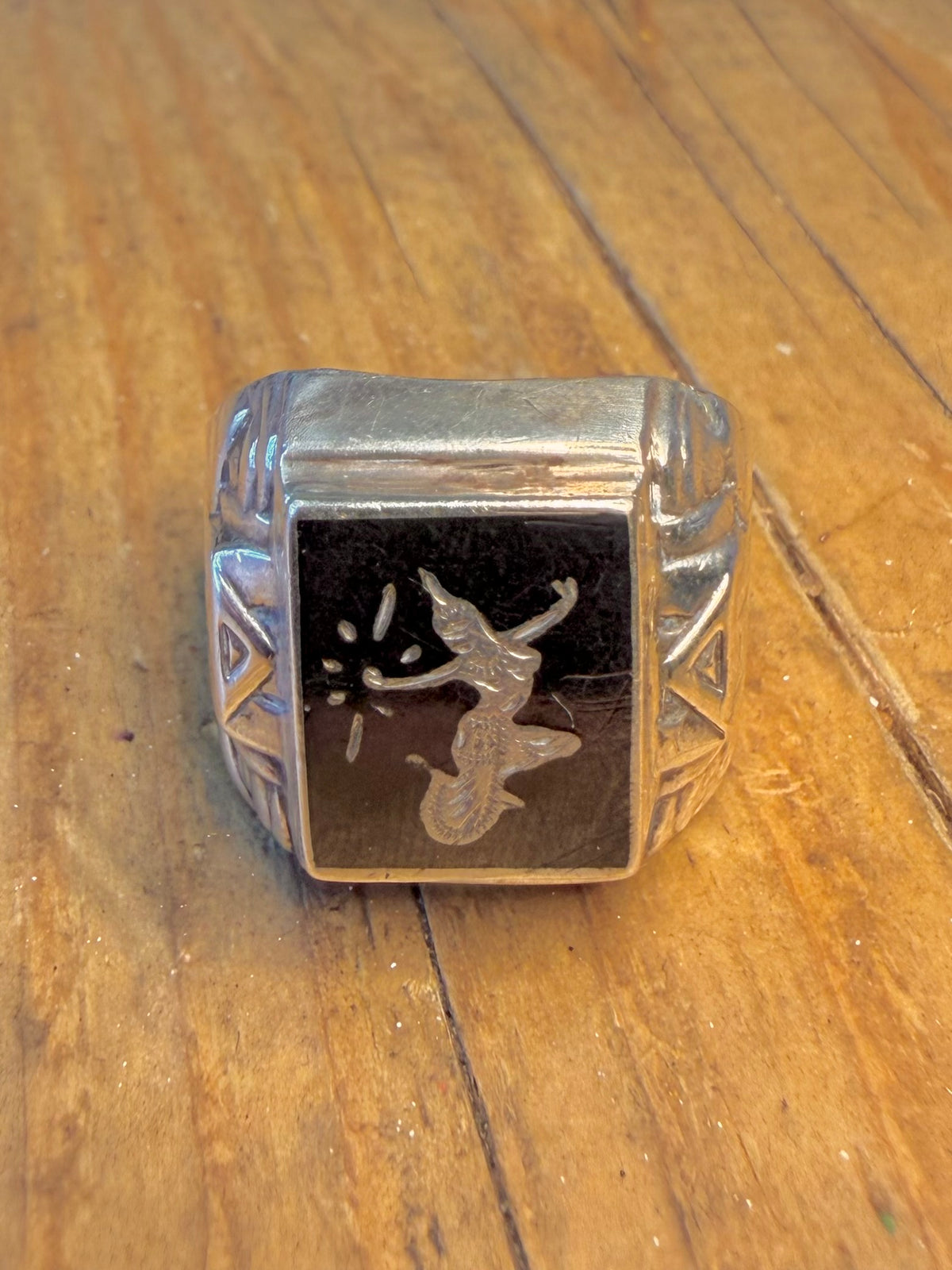 Siam Black Enamel Motif 925 Sterling Silver Size W1/2 Ring