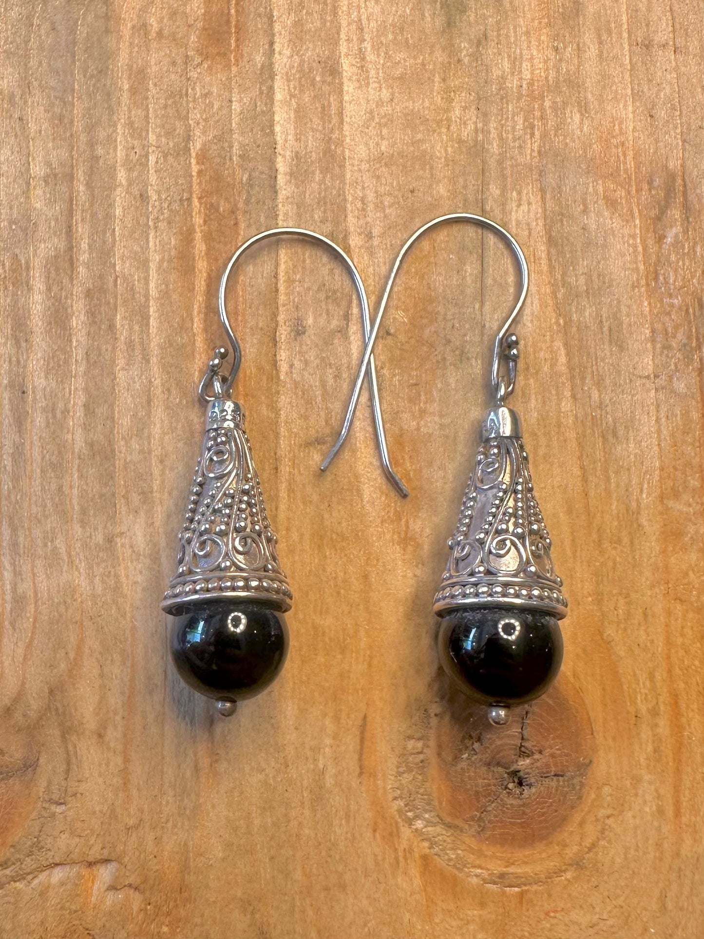 Ornate Intricate Black Stone 925 Sterling Earrings