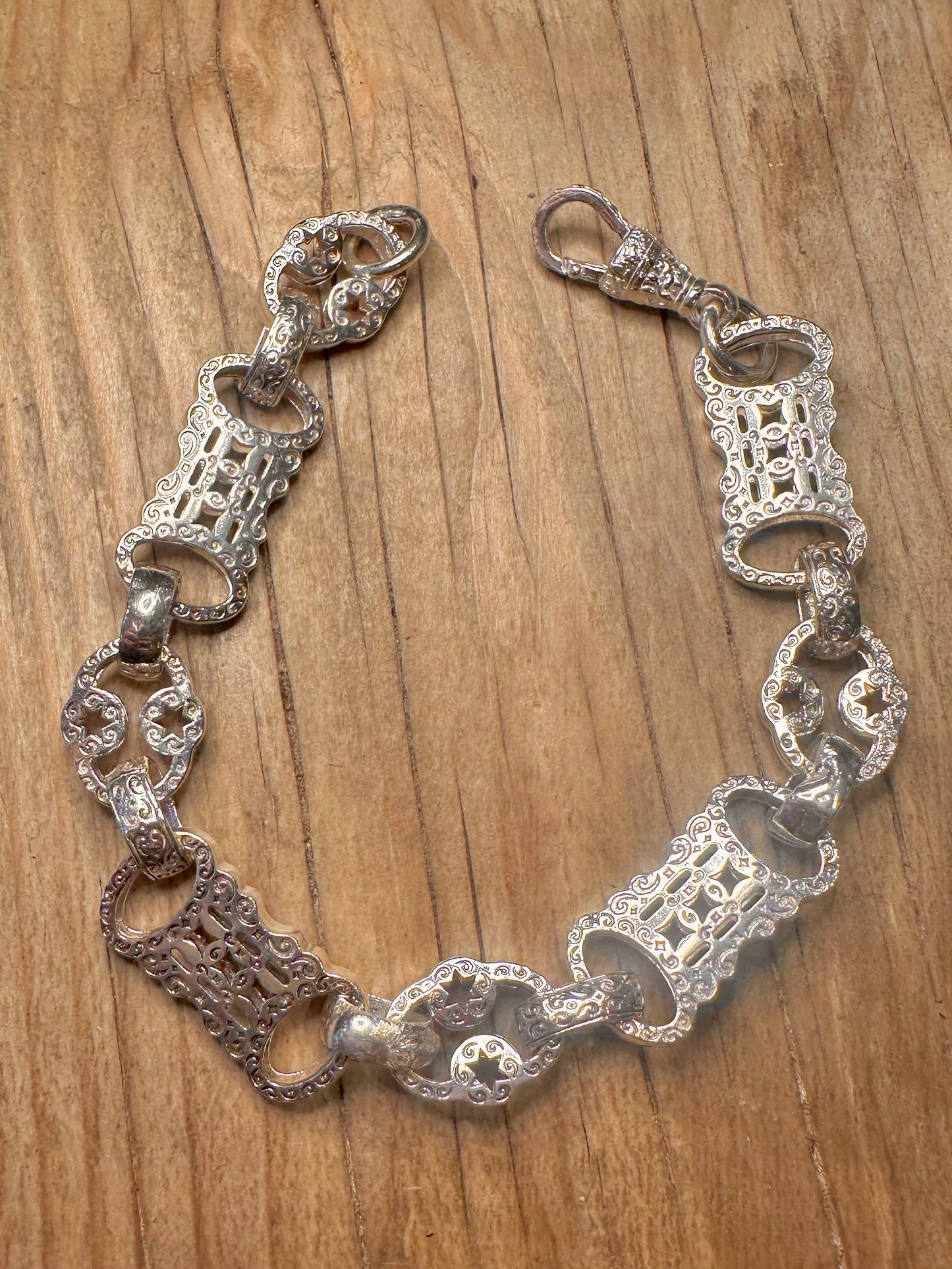 Modern Stars and Bars Links Albert Clasp 925 Sterling Silver 9.5 inch Bracelet