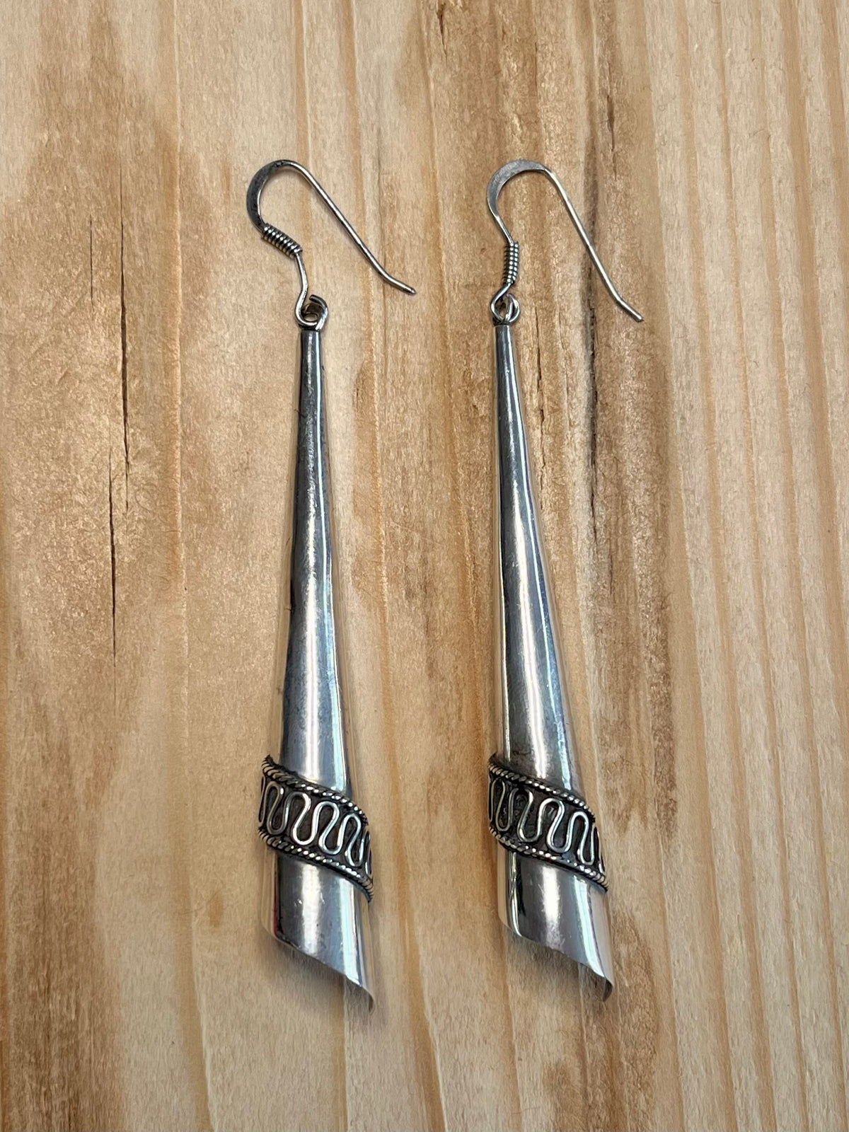 Elongated Cone Rope Pattern 925 Sterling Silver Drop Earrings