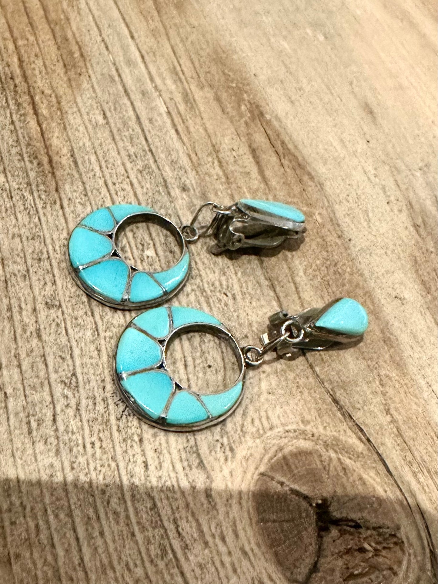 Vintage Zuni Navajo Turquoise Dangle Clip On 925 Silver Earrings