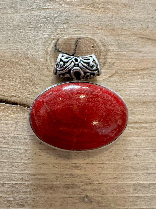 Vintage Polished Coral and Mother of Pearl 925 Silver Pendant