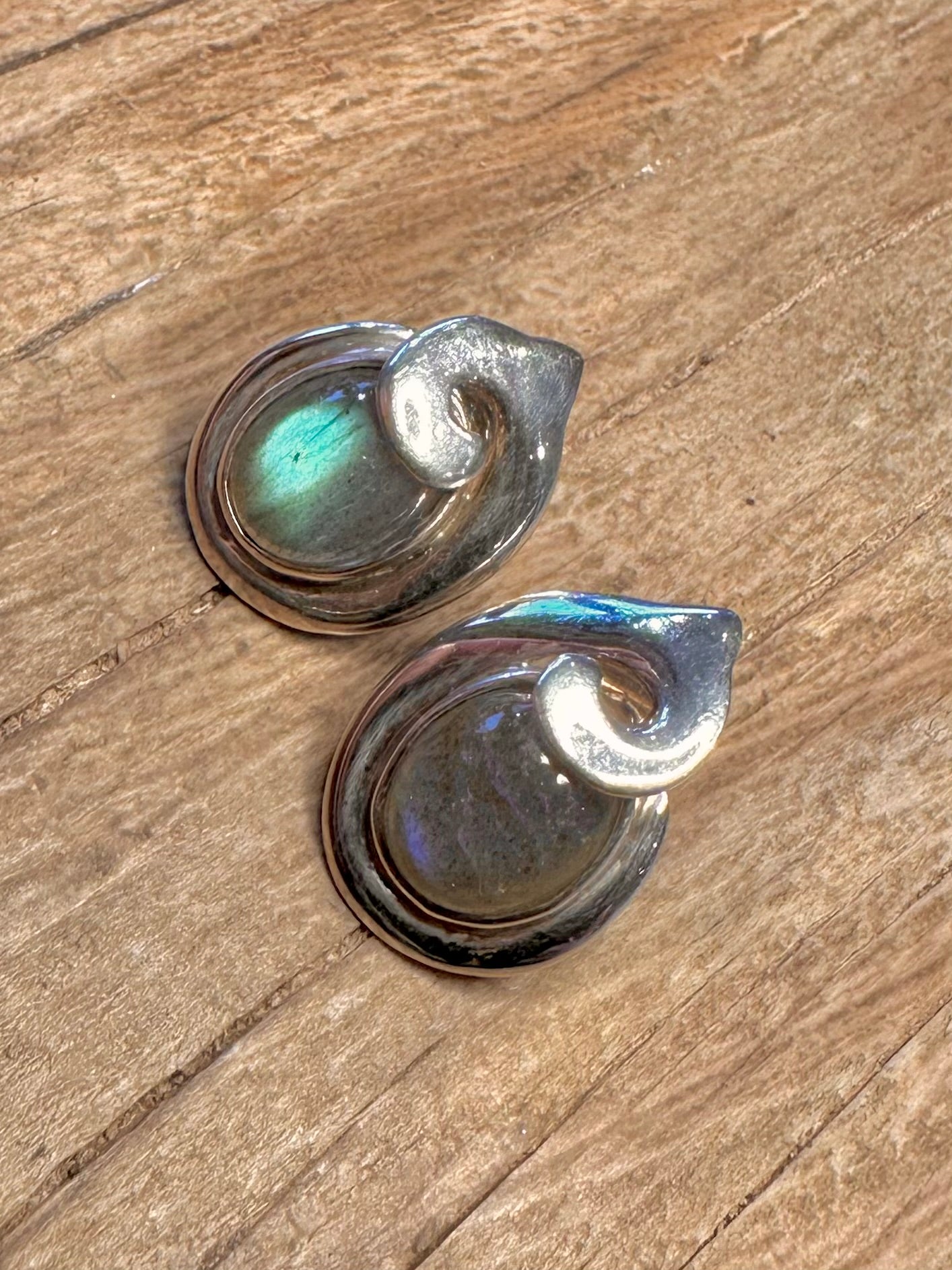 Modernist Labradorite Stud 925 Sterling Silver Earrings