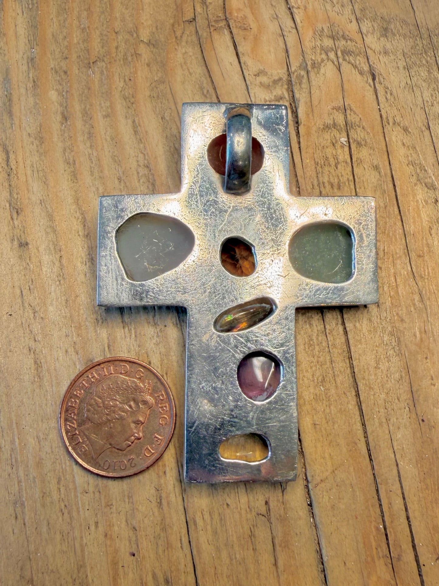 Large Multi Gemstone Cross 925 Sterling Silver Pendant