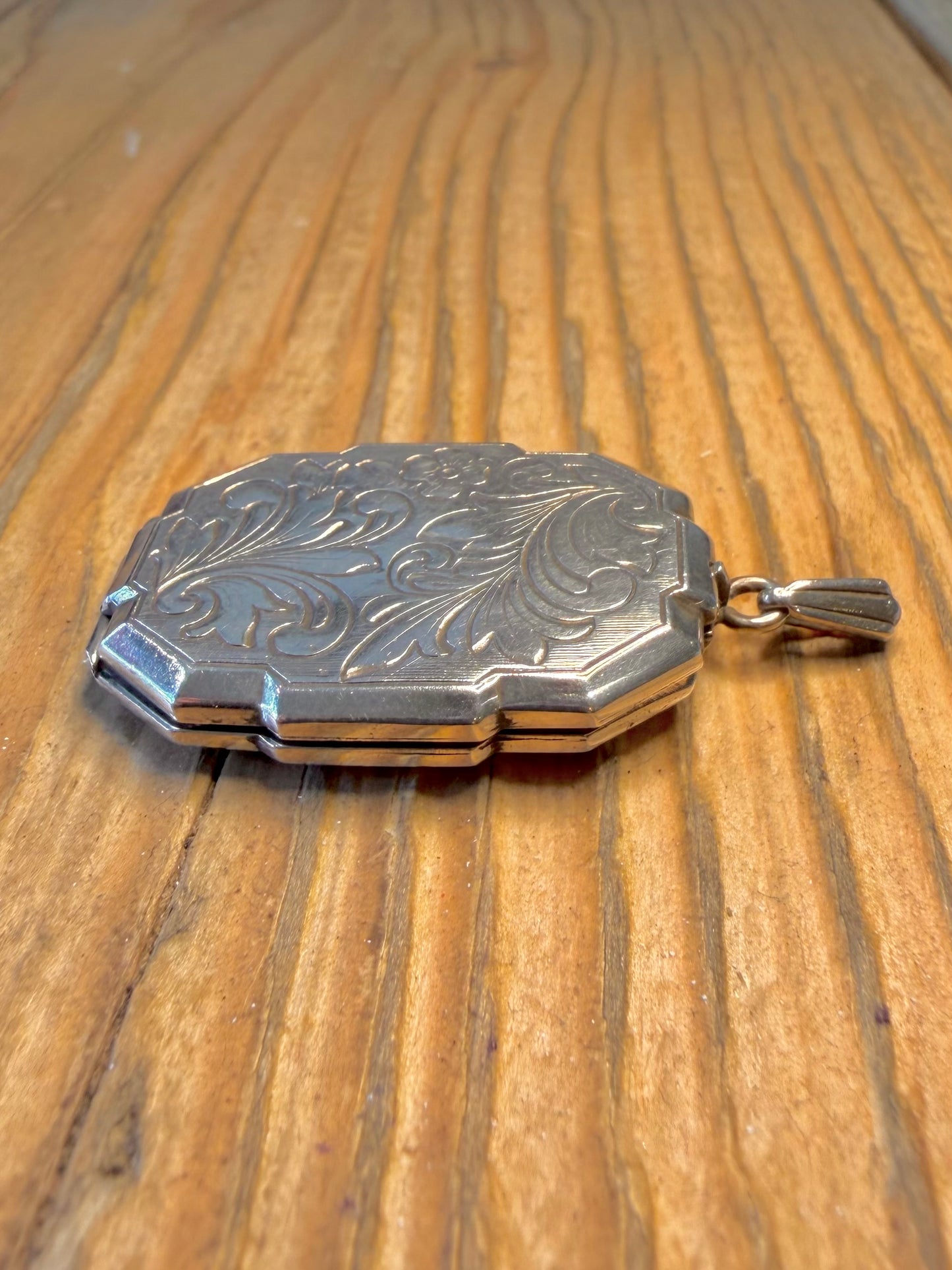 Rectangle Octagon Floral Engraved Locket 925 Sterling Silver Pendant