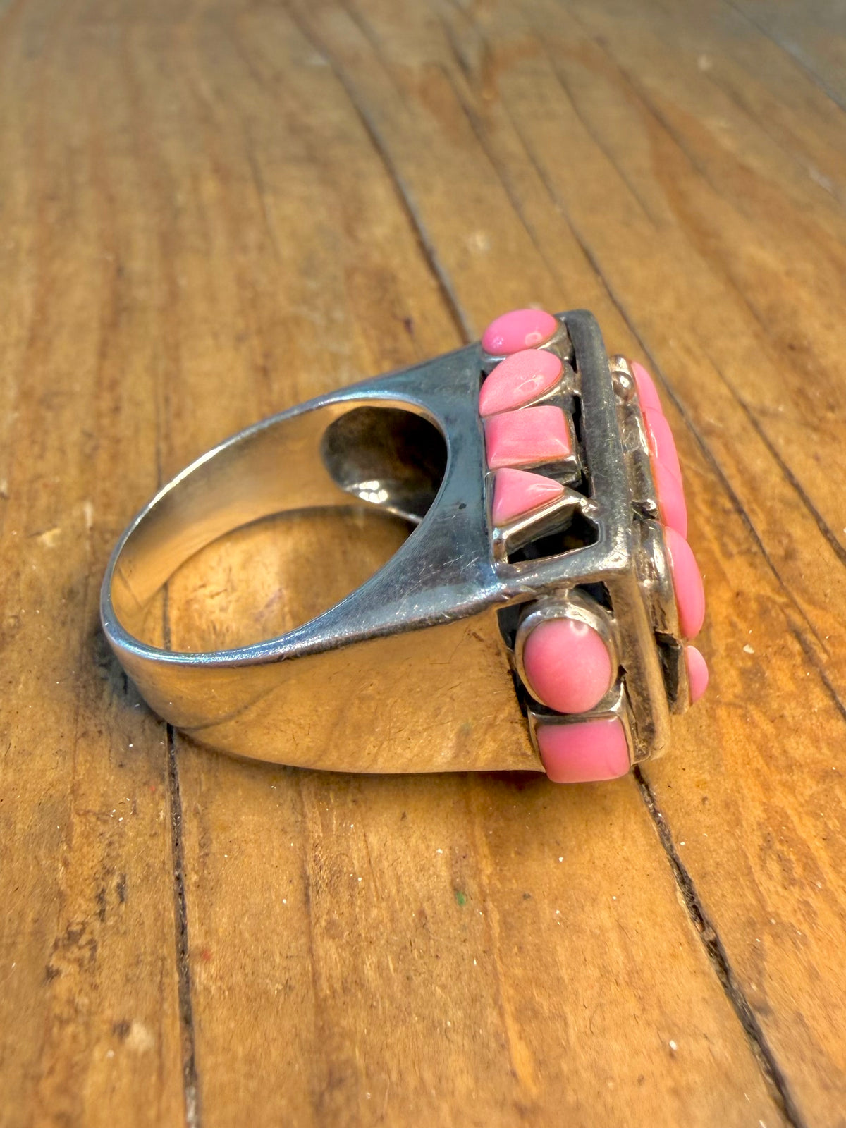 Abstract Pink Cabochon Stones 925 Sterling Silver Size N Ring