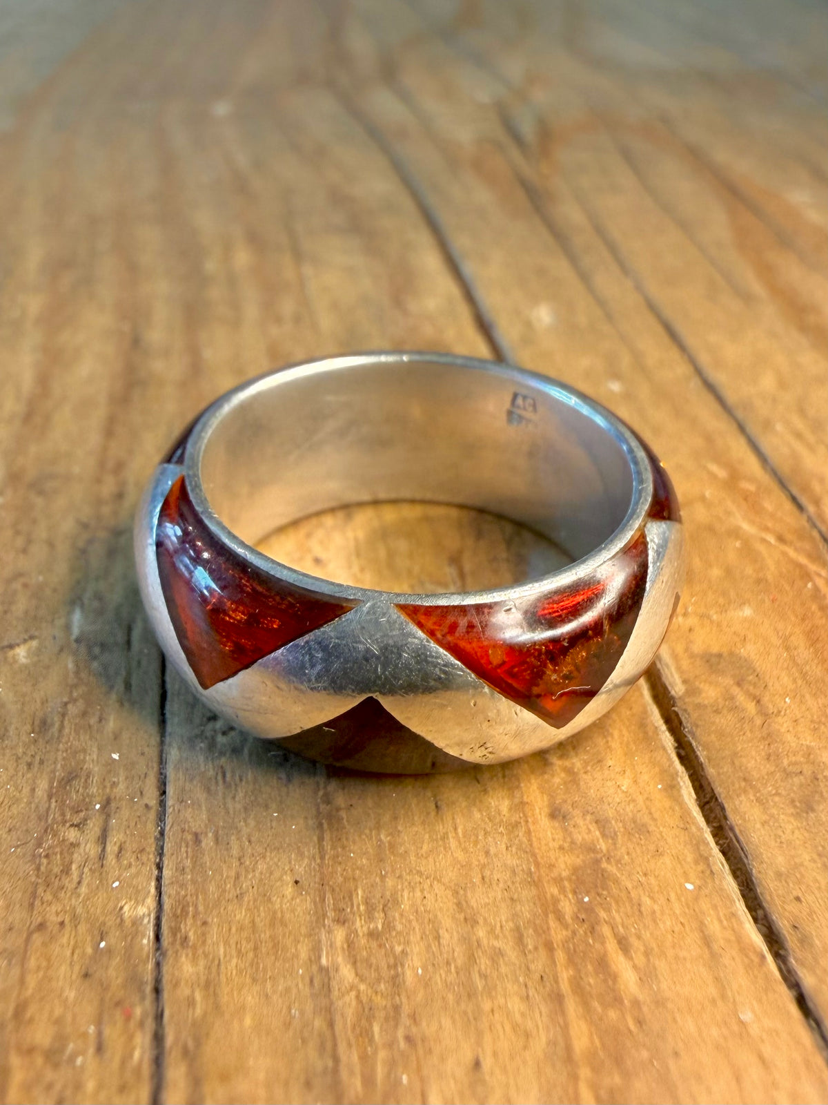 Amber Rounded Inlay Band 925 Sterling Silver Size P Ring