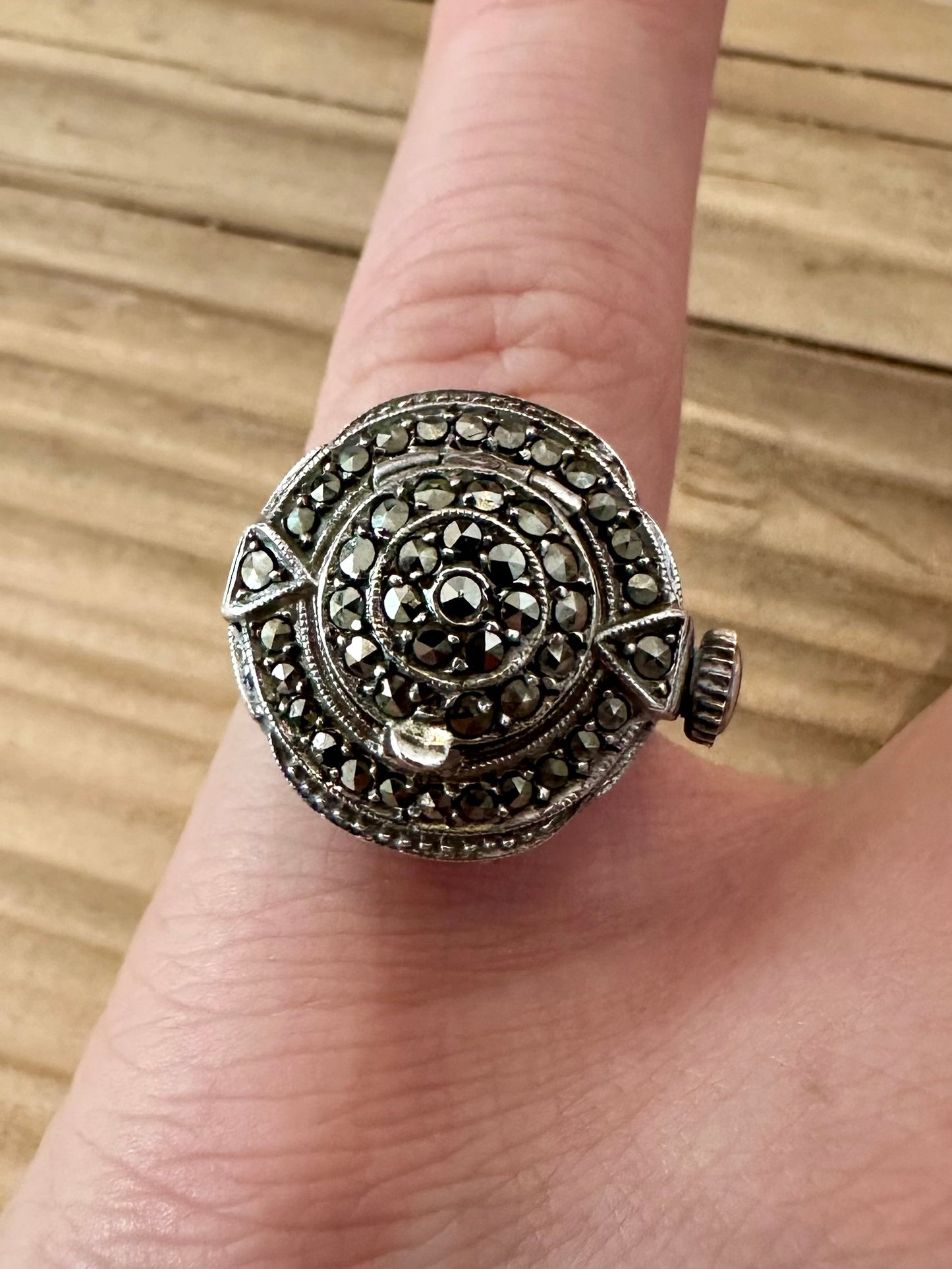 Vintage Marcasite Finger Watch Swiss 925 Silver Size N Ring