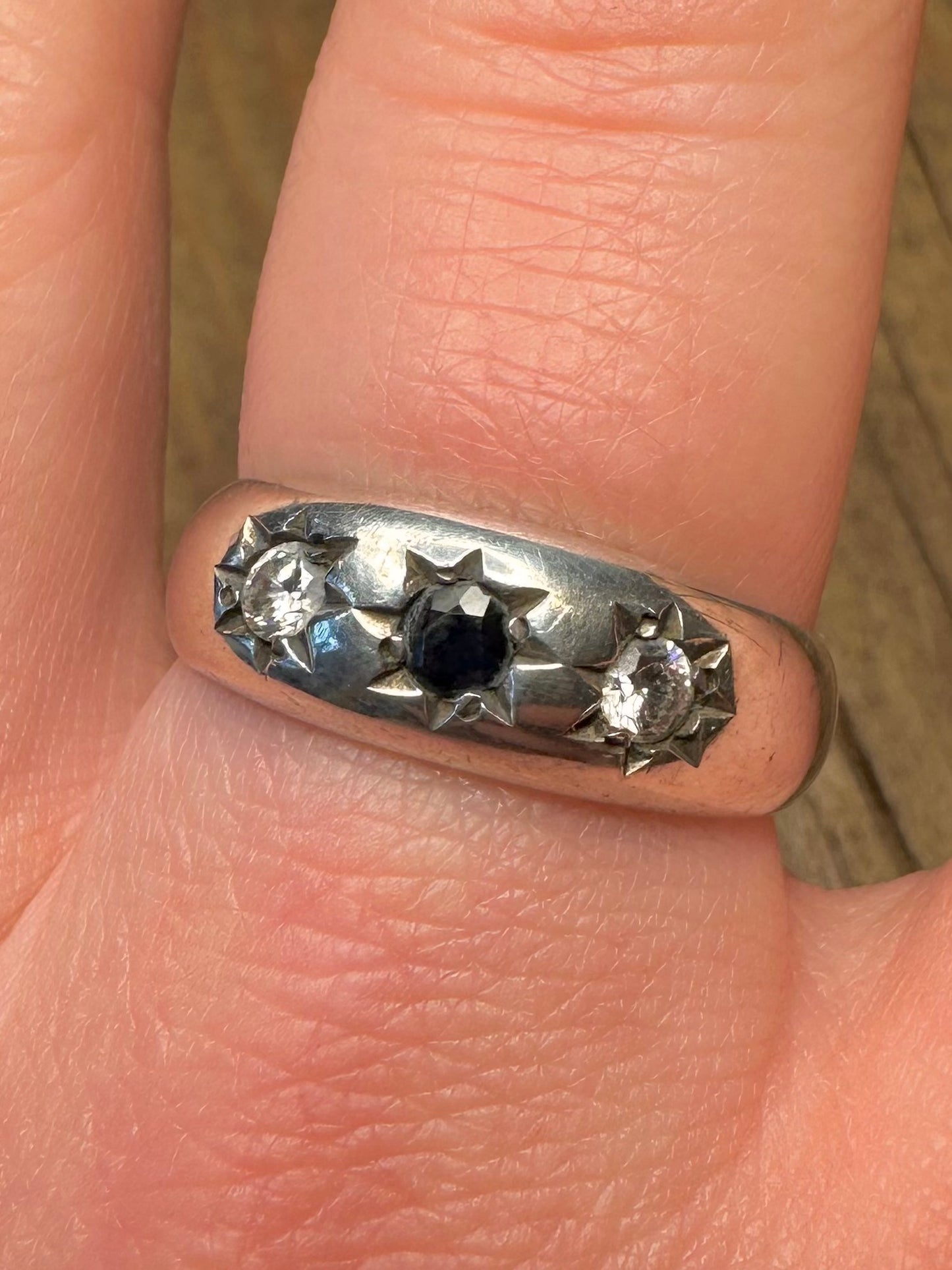 Vintage Gypsy Dark Blue and White Stone 925 Sterling Silver Size U Ring