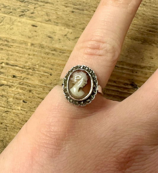 Vintage Cameo and Marcasite 925 Silver Size N Ring