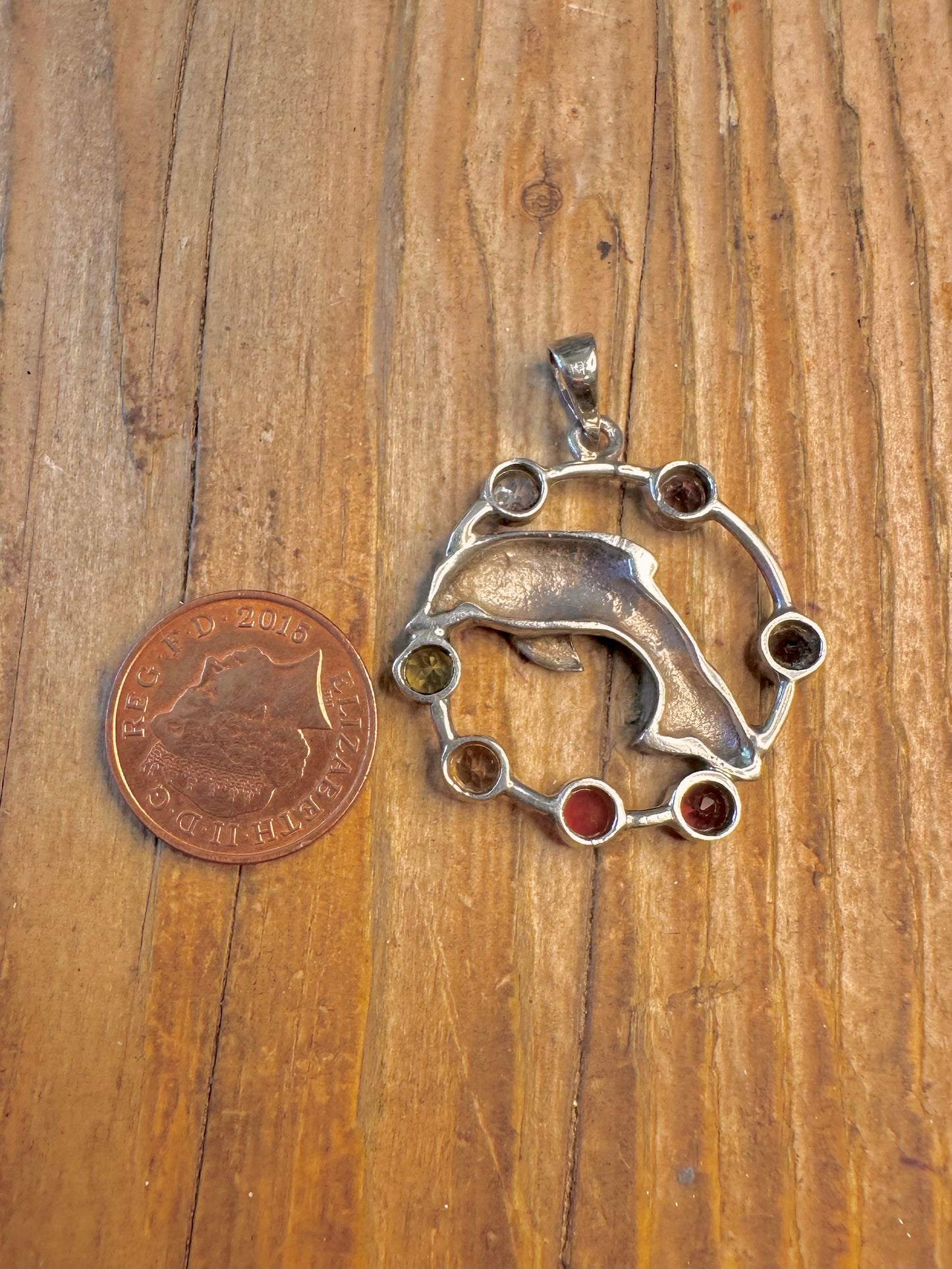 Multi Coloured Gemstone Dolphin 925 Sterling Silver Pendant