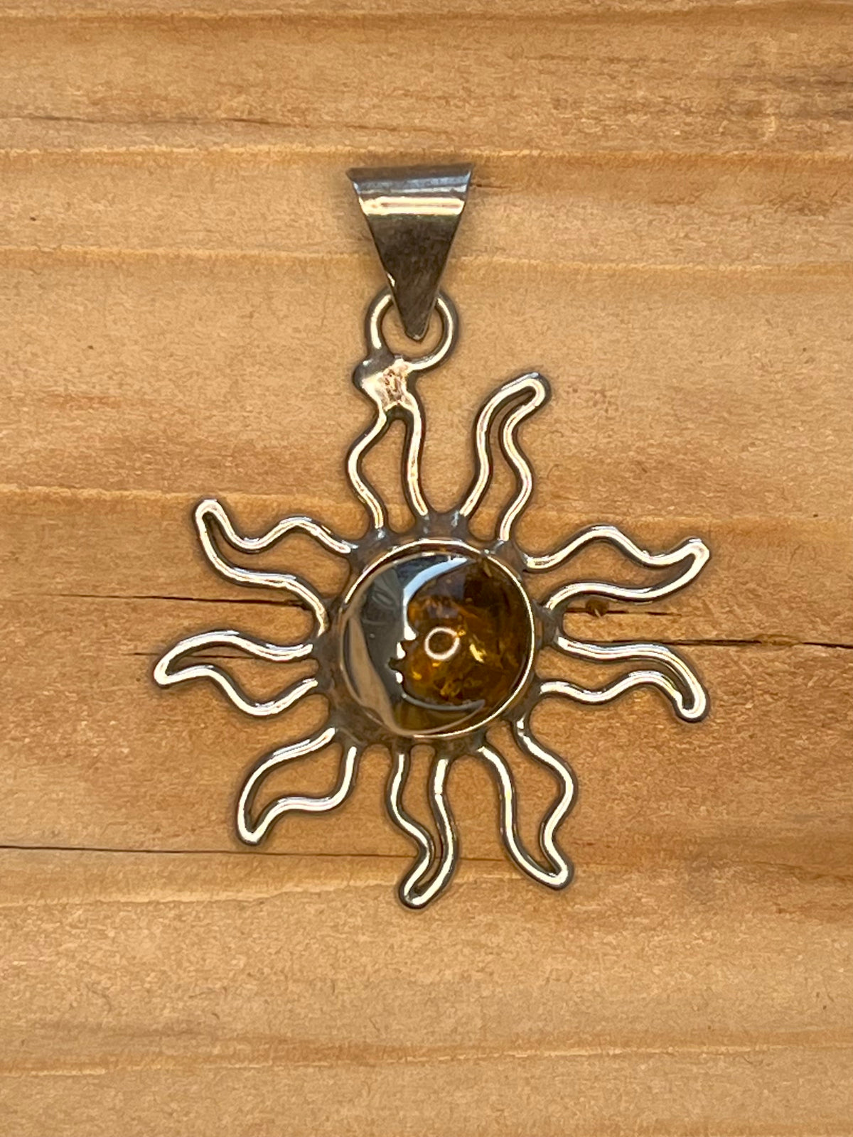 Sun and Moon Amber 925 Mexico Sterling Silver Pendant