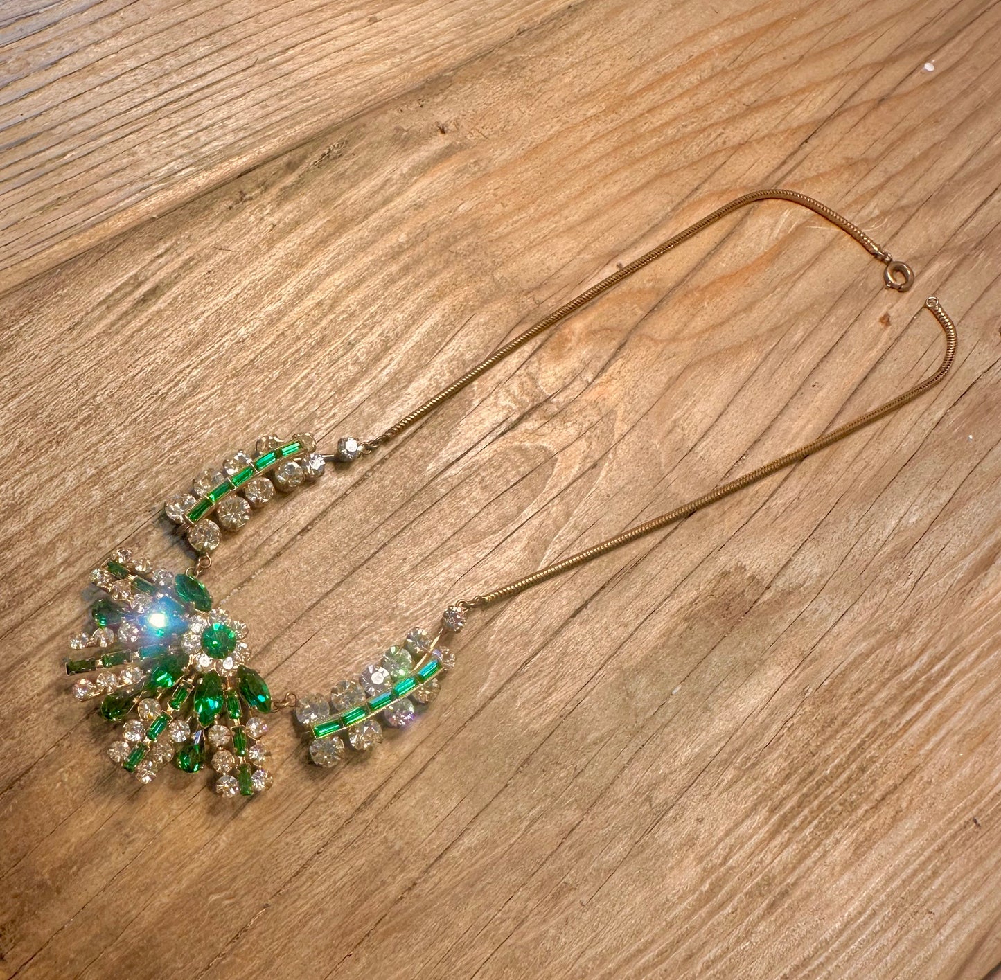 Vintage Art Deco Green and Clear Rhinestone Gold Tone 16 inch Costume Necklace