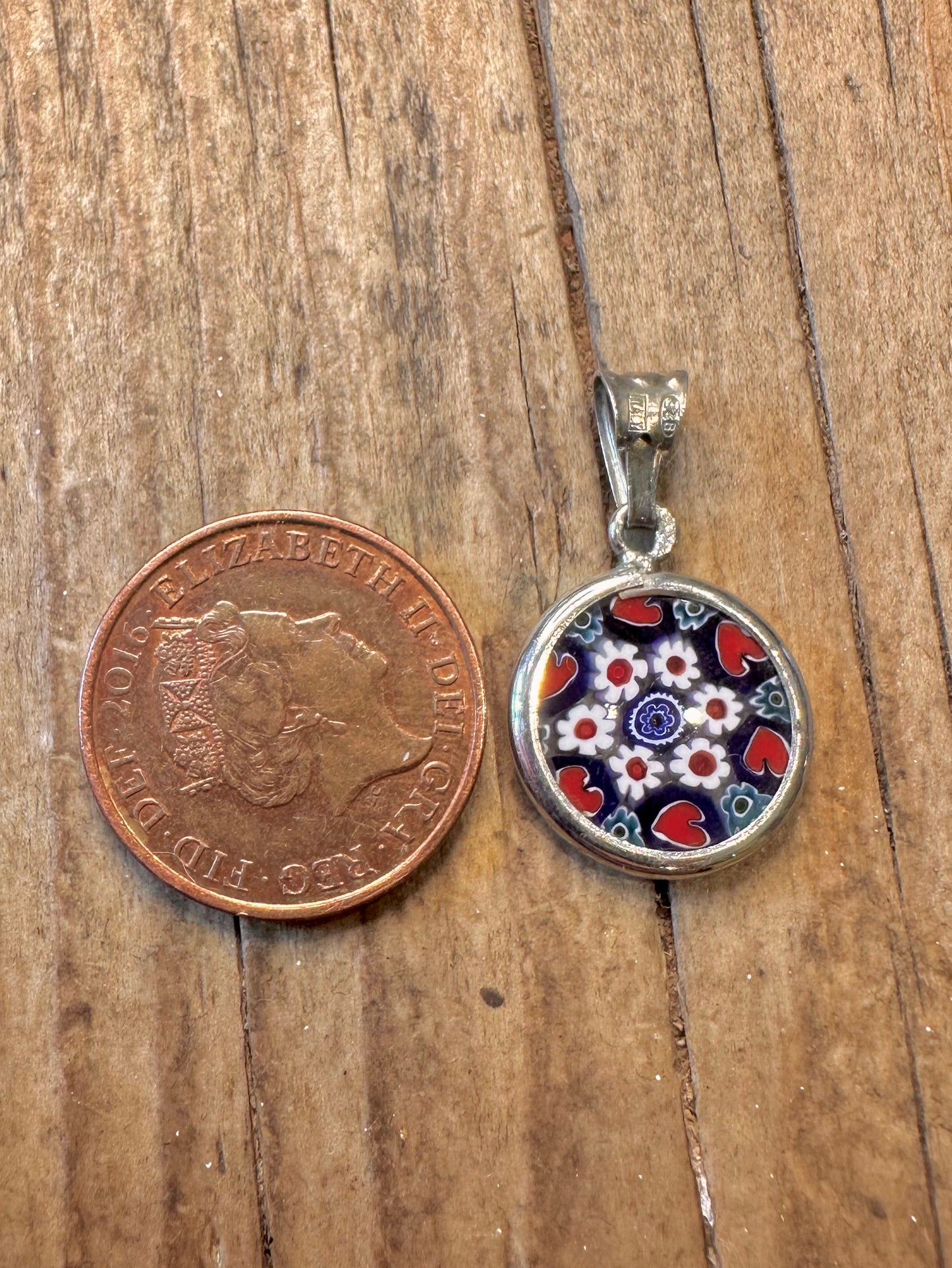 Millefiori Glas Blau Rot Weiß Italien 925 Sterling Silber Anhänger