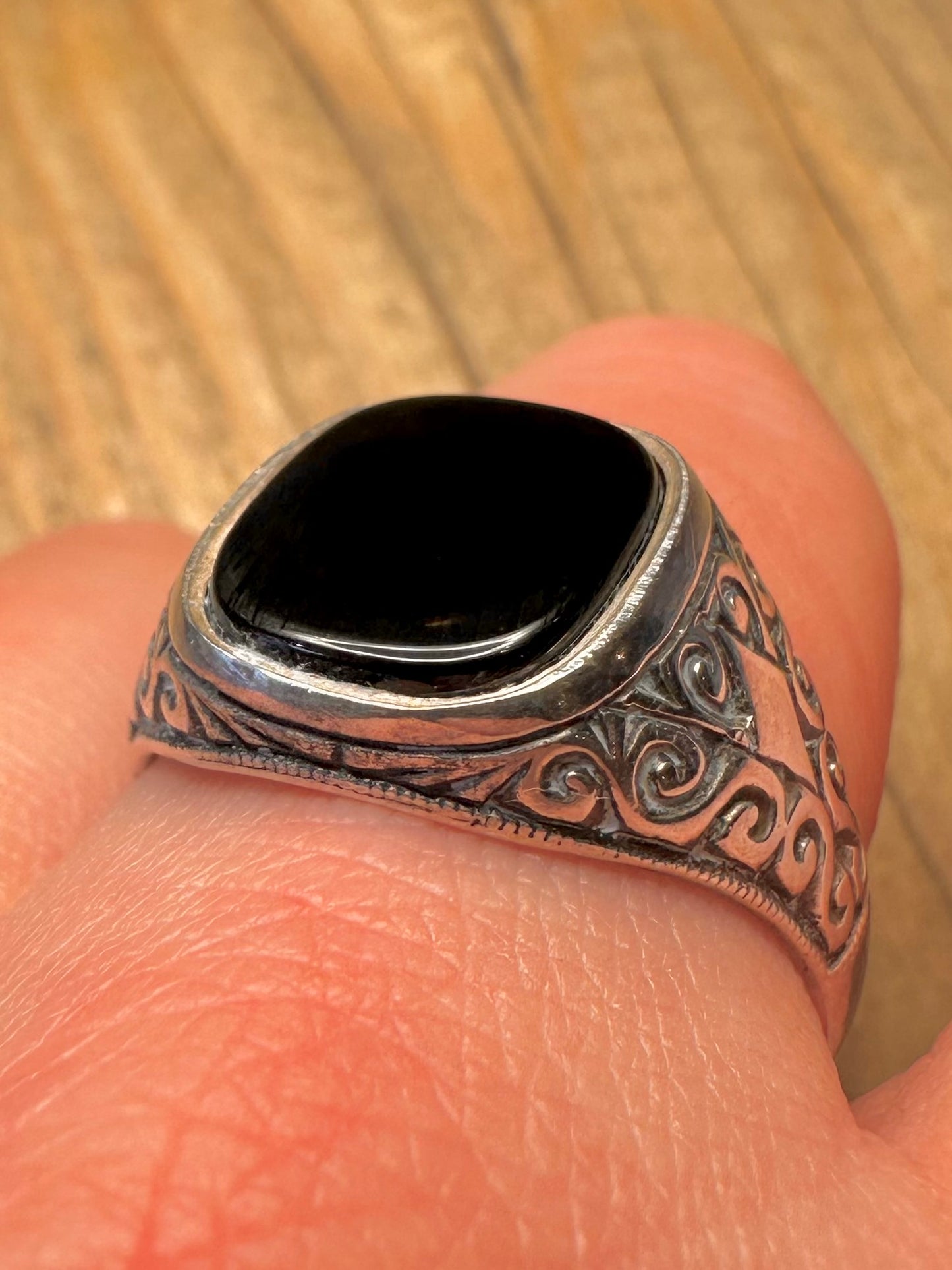 Vintage Onyx Engraved Signet 925 Sterling Silver Size Z Ring