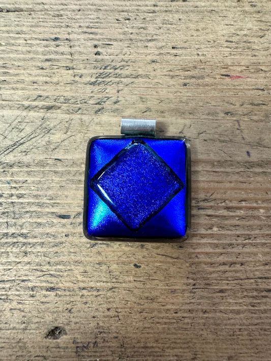 Vintage Glass Blue Square 925 Silver Pendant