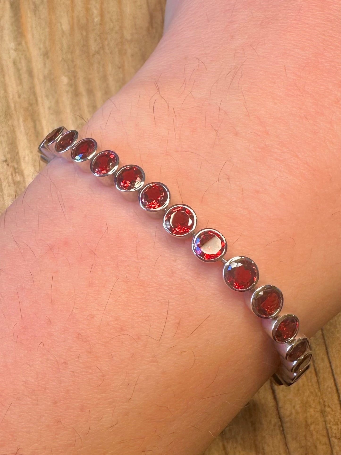 Modernist Red Stone Tennis 925 Sterling Silver 7.2 inch Bracelet