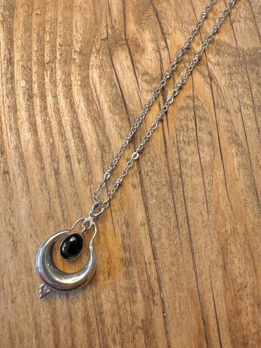 Unique Cable Chain and Onyx Crescent Moon Tribal 925 Sterling Silver 16 to 18 inch Necklace