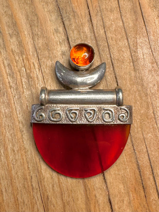 Vintage Carnelian Amber Ornate 925 Sterling Silver Pendant