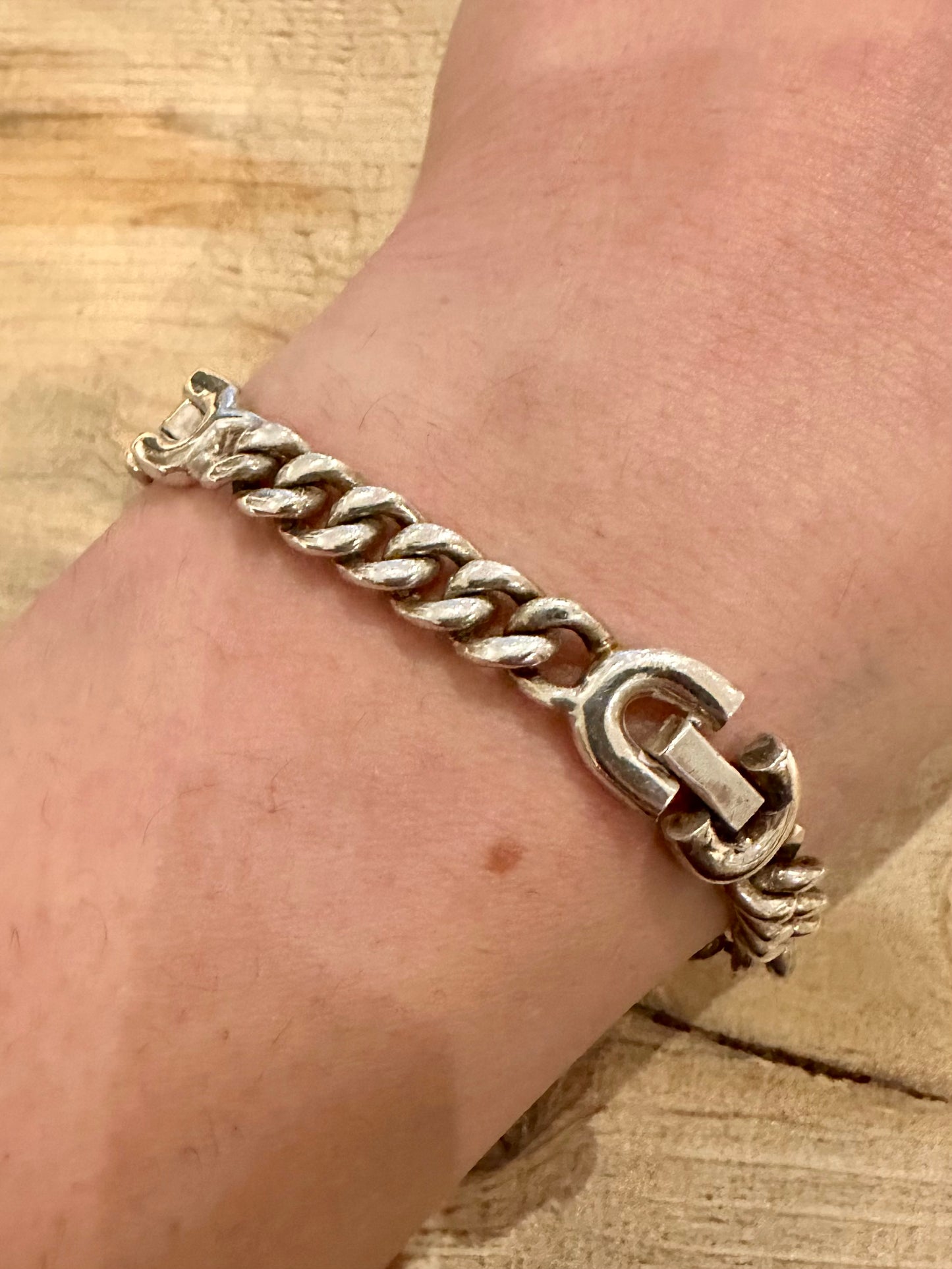 Vintage Unique Curb Chain T Bar Clasp 925 Silver 8 inch Bracelet