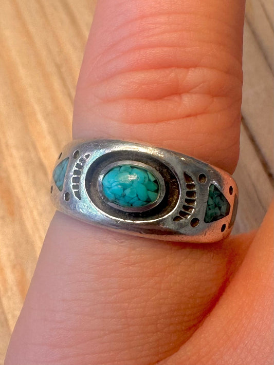 Vintage Roie Jaque Navajo Turquoise 925 Silver Size M Ring