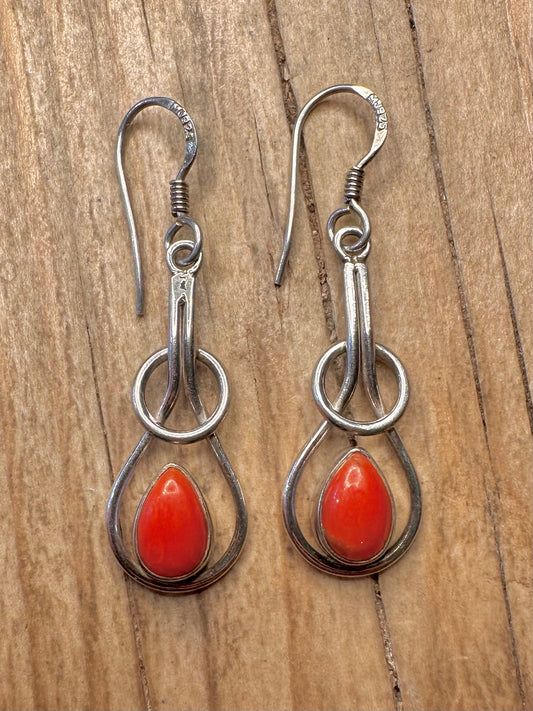 Vintage Coral Dangle 925 Sterling Silver Earrings