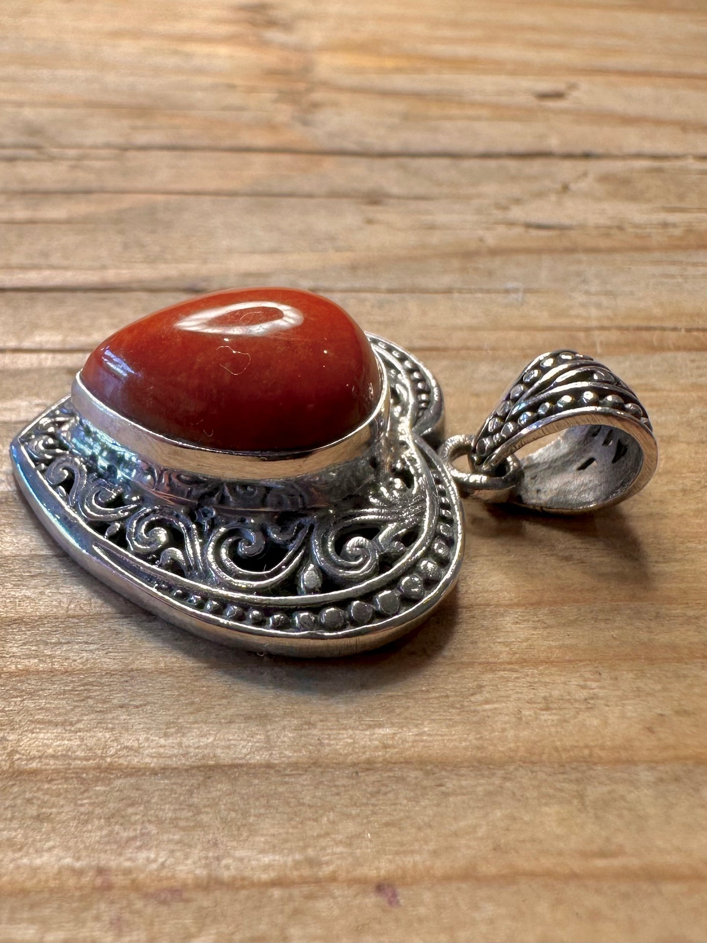 Vintage Red Jasper Heart Filigree 925 Sterling Silver Pendant