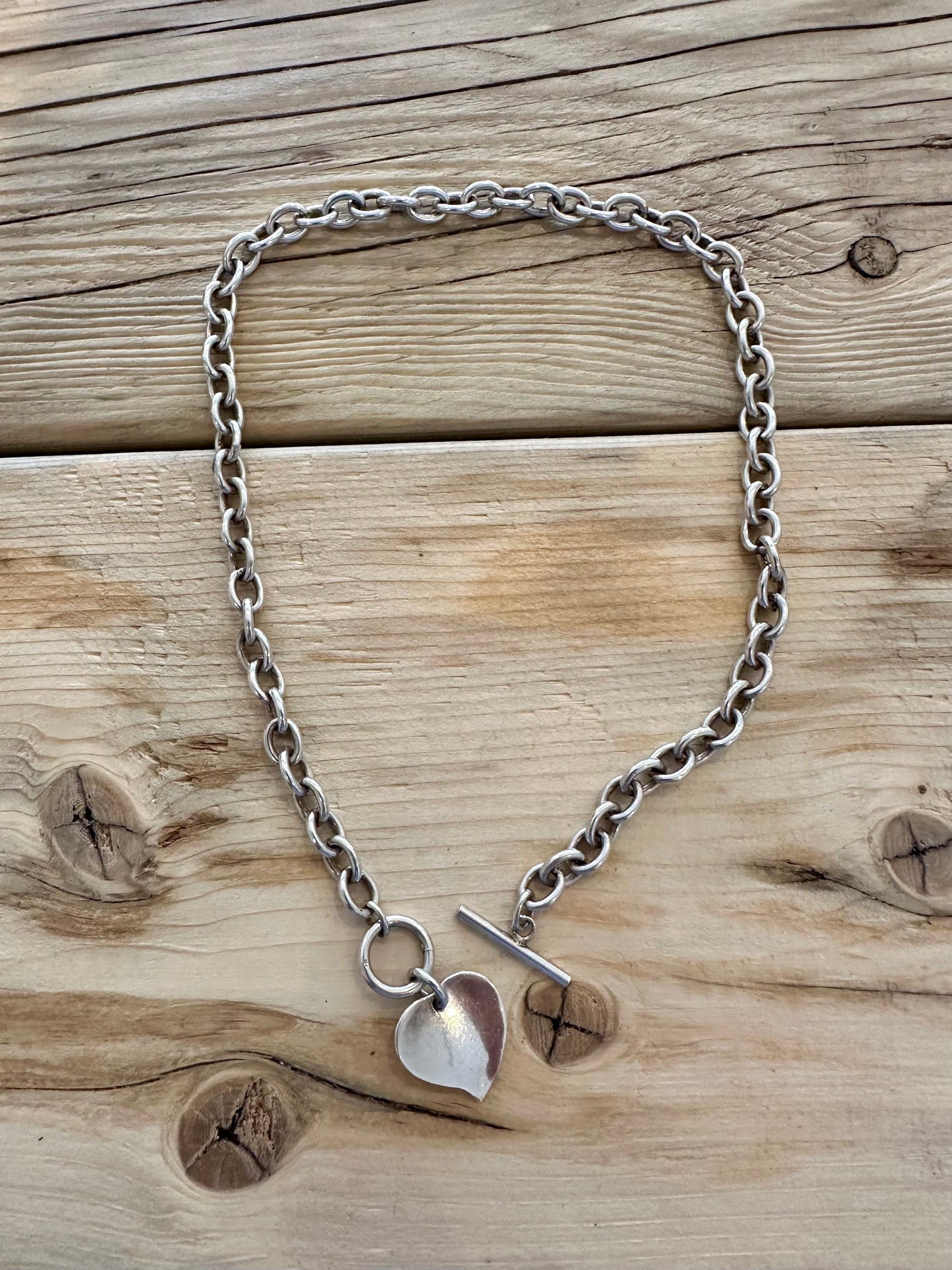 Vintage Chunky Belcher Heart Pendant T Bar Clasp 925 Silver 17.8 inch Necklace