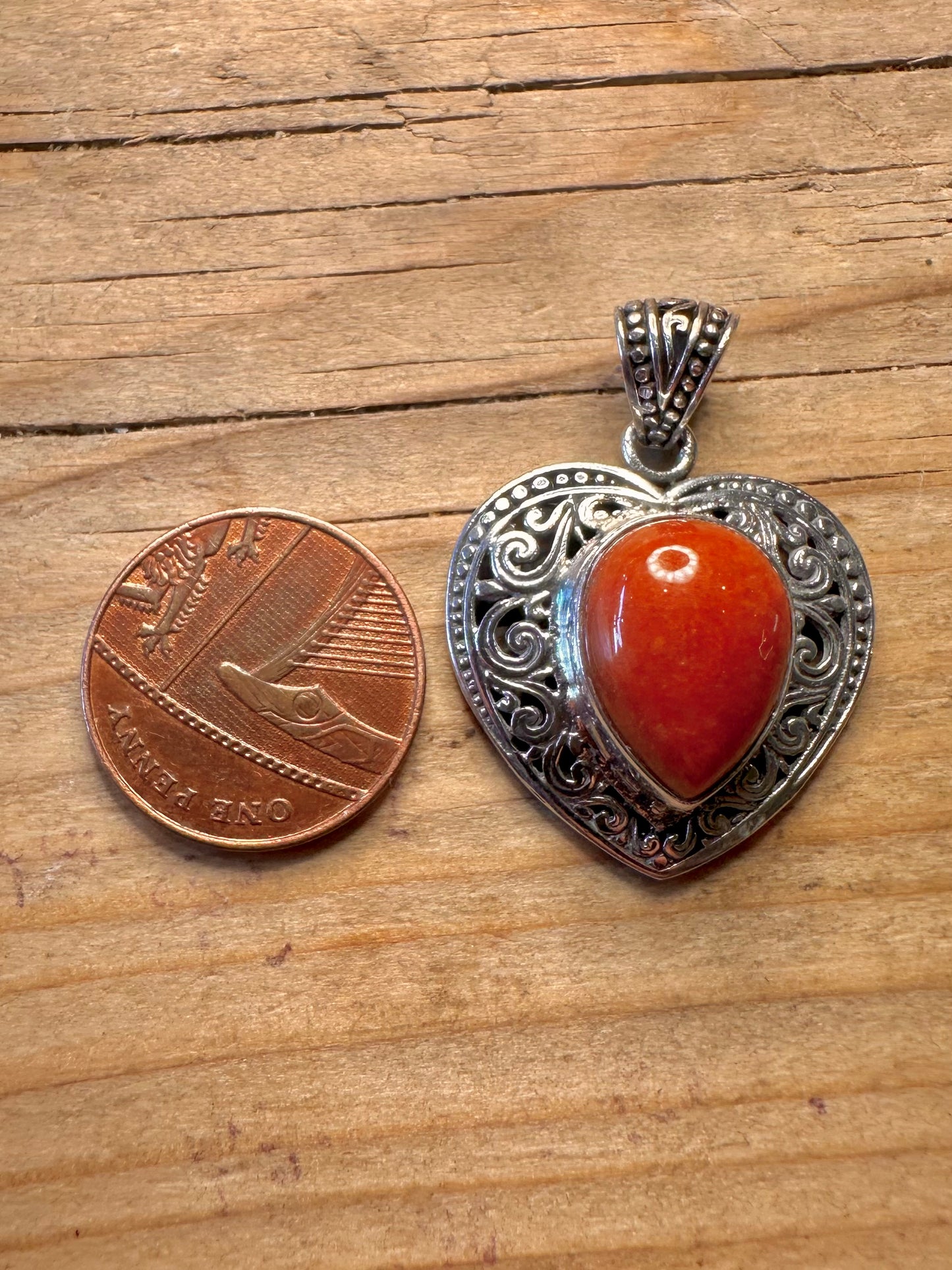 Vintage Red Jasper Heart Filigree 925 Sterling Silver Pendant