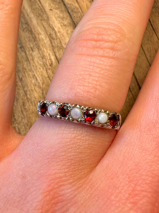 Opal and Garnet 1979 Victorian Style 925 Sterling Silver Size P Ring
