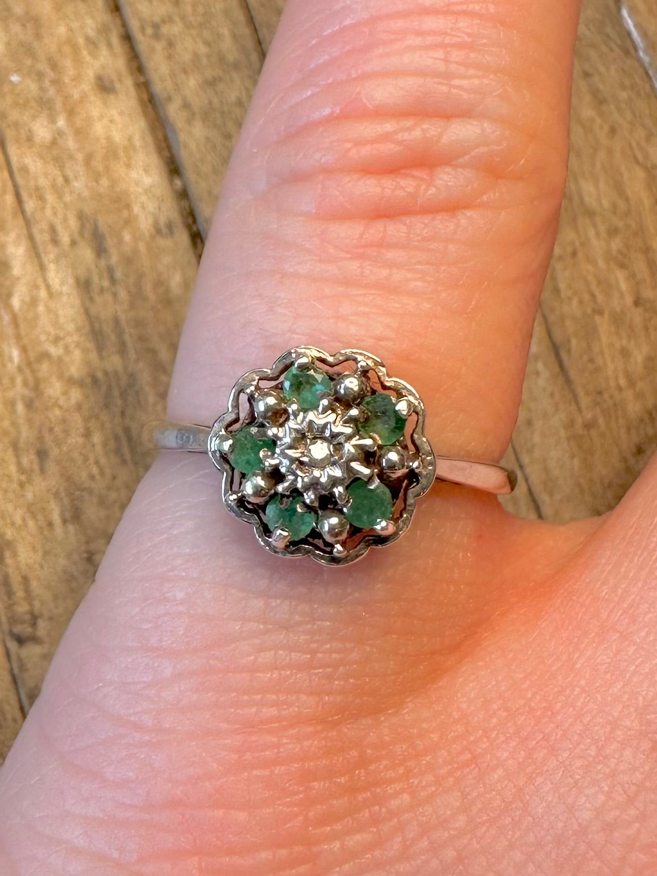 Diamond and Emerald 1979 Cluster 925 Sterling Silver Size N Ring