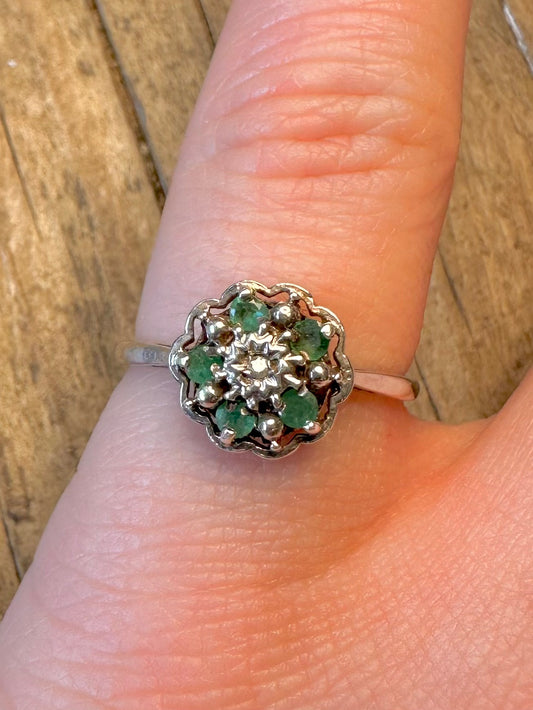 Diamond and Emerald 1979 Cluster 925 Sterling Silver Size N Ring