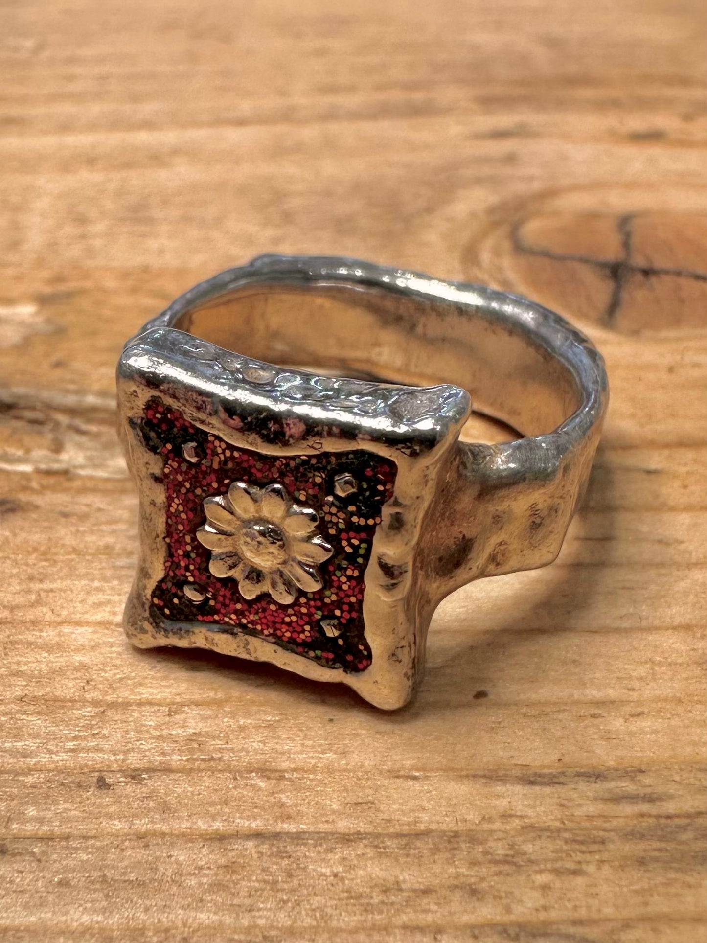 Abstract Hammered Flower and Red 925 Silver Size N Ring