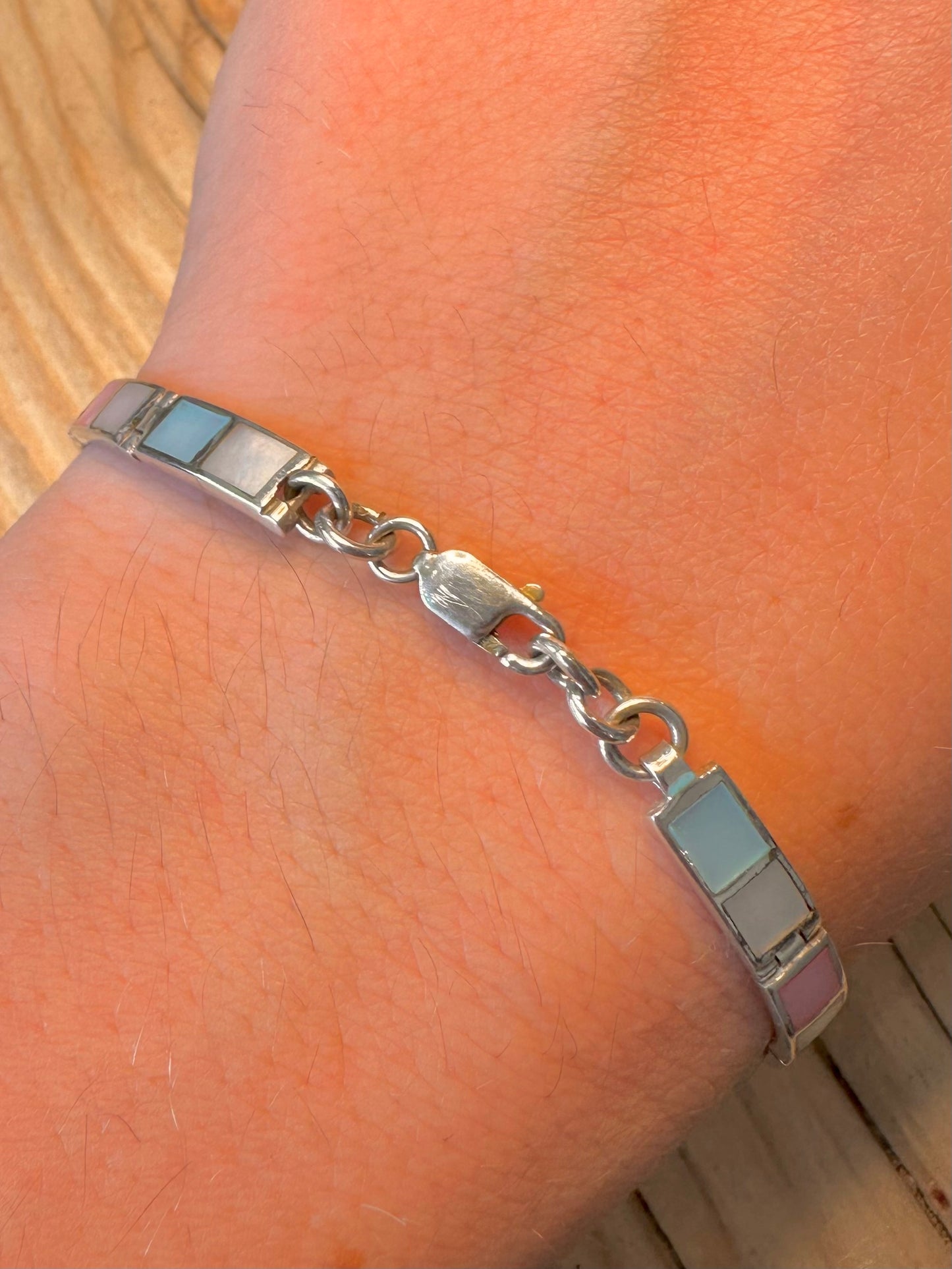 Modern Coloured Mother of Pearl 925 Silver 7.8 inch Bracelet