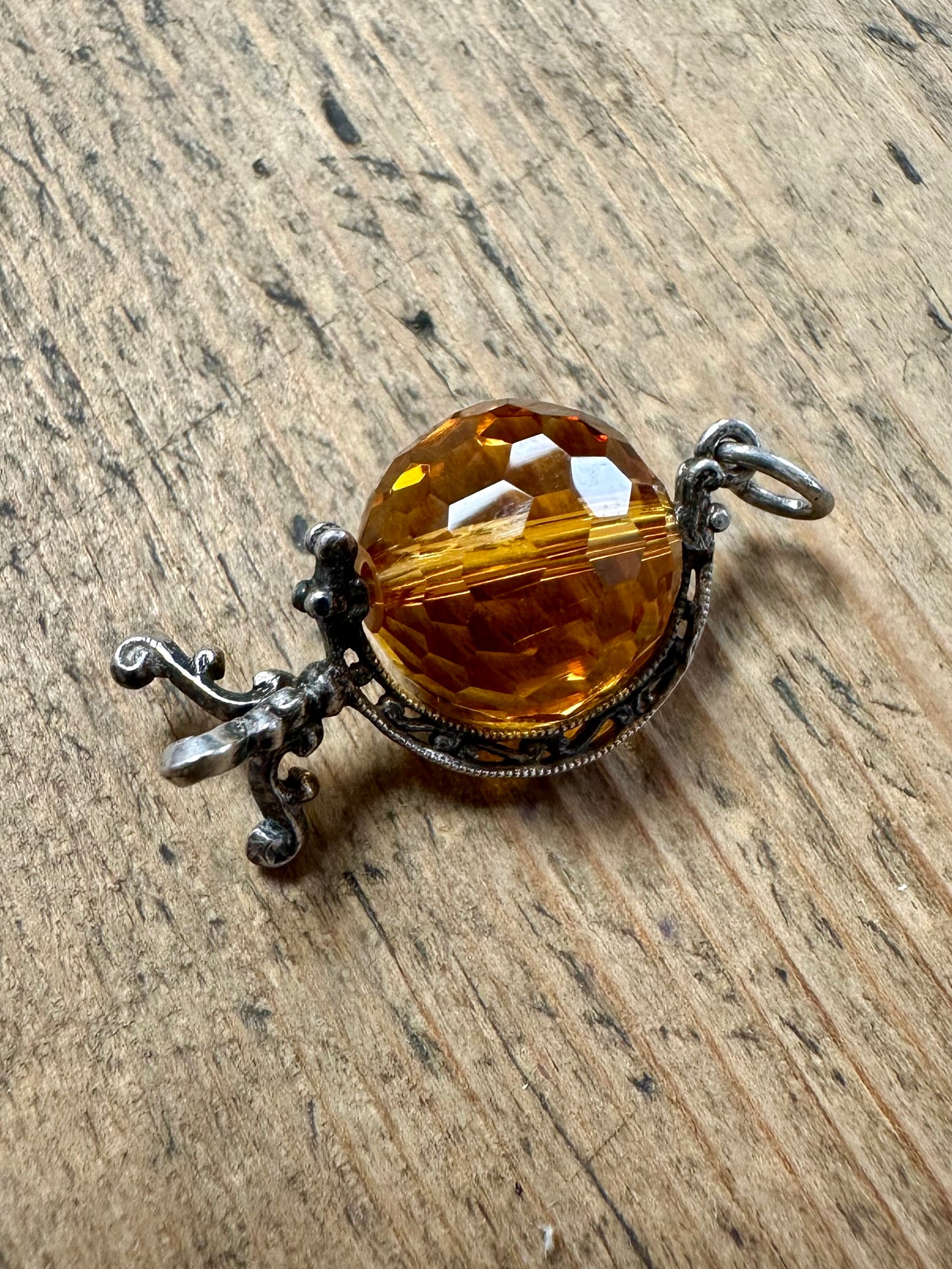 Vintage Crystal Orange Globe Silver Charm Pendant