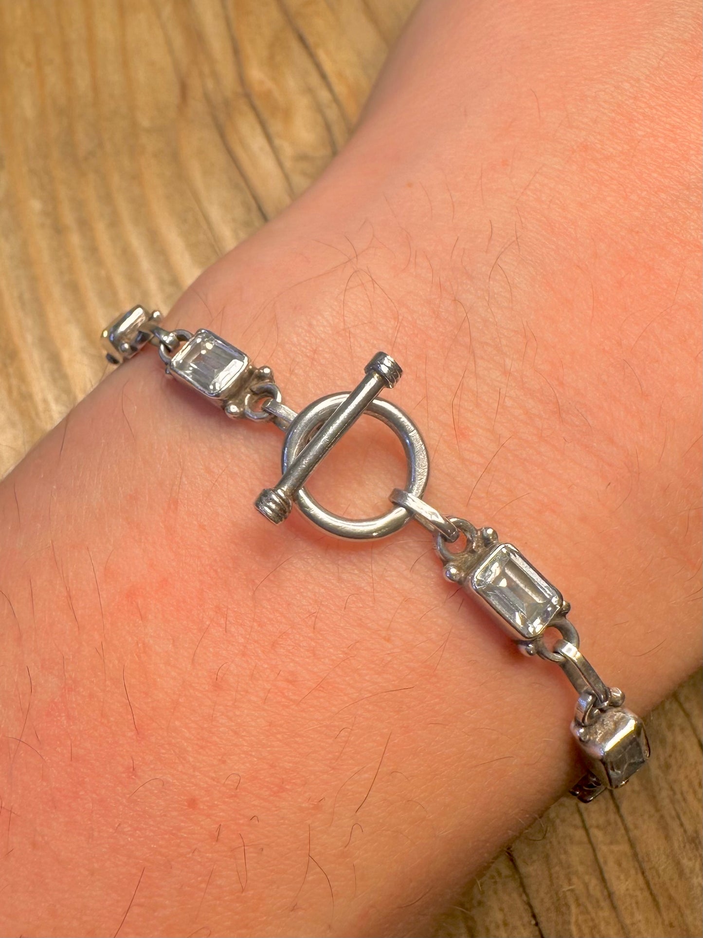 Vintage CZ Rectangle T Bar 925 Sterling Silver 7.3 inch Bracelet