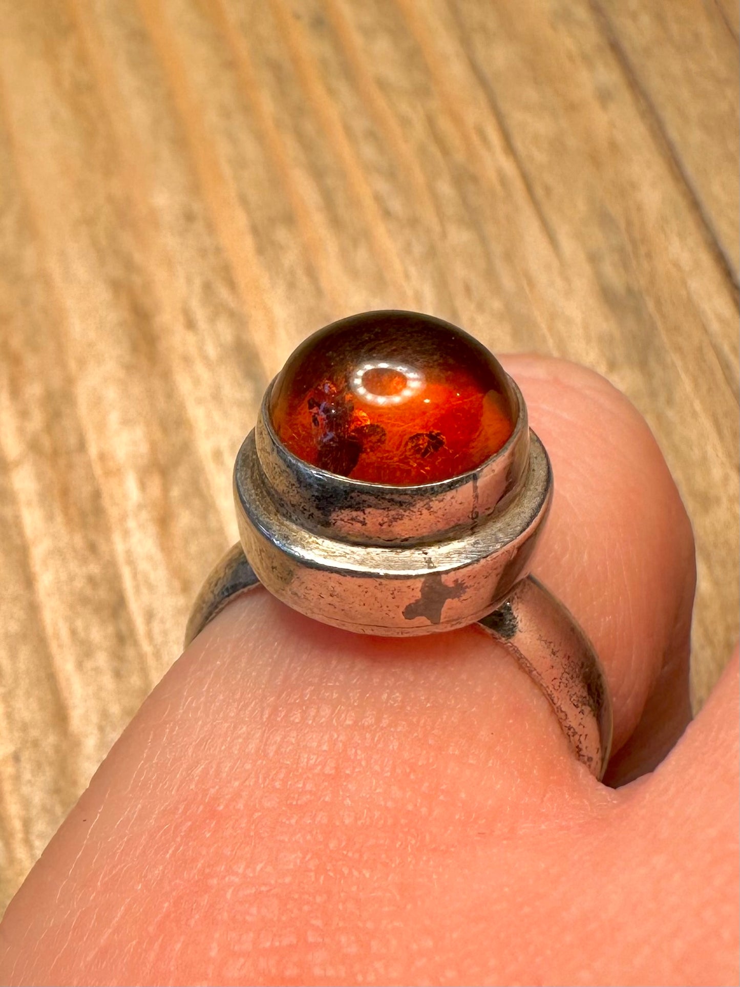 Vintage Amber Circle 925 Sterling Silver Size N Ring