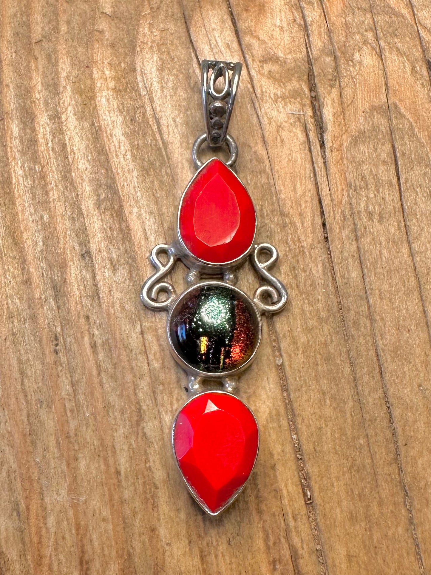 Vintage Red Stone and Glass Foil 925 Sterling Silver Pendant