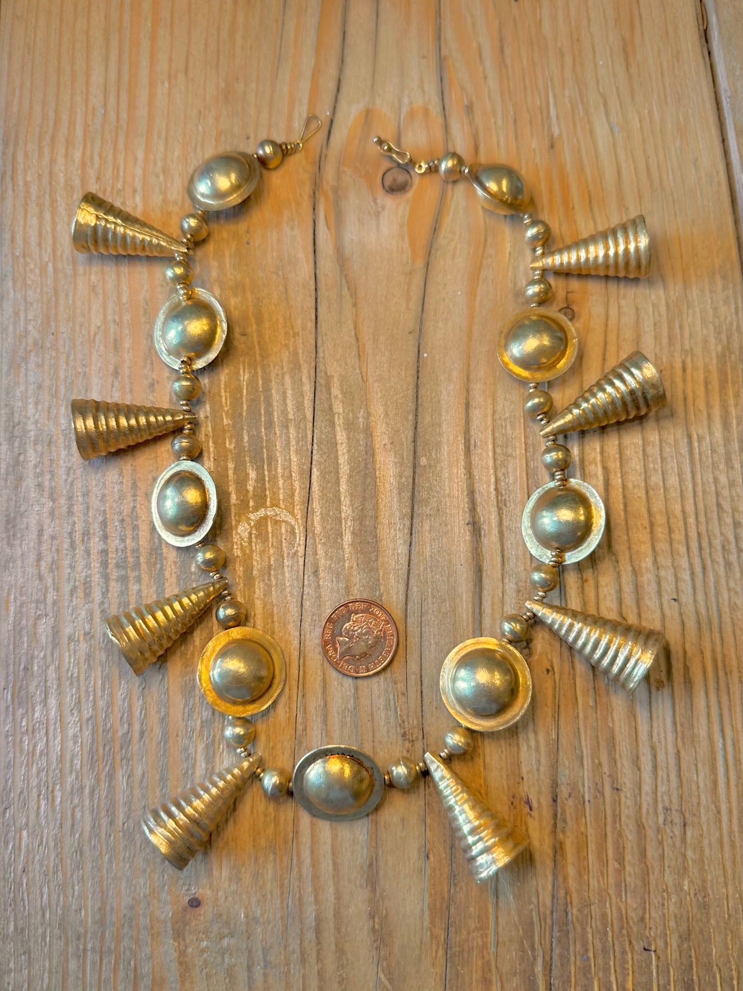 Etruscan Revival Disc and Textured Cone Arrow Gold on 925 Sterling Silver 18 inch Necklace