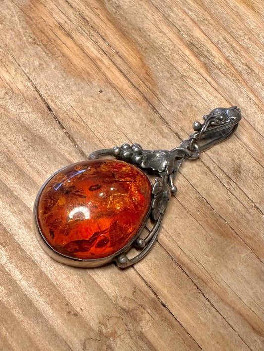 Vintage 1994 Amber Grape Leaf Design 925 Sterling Silver Pendant