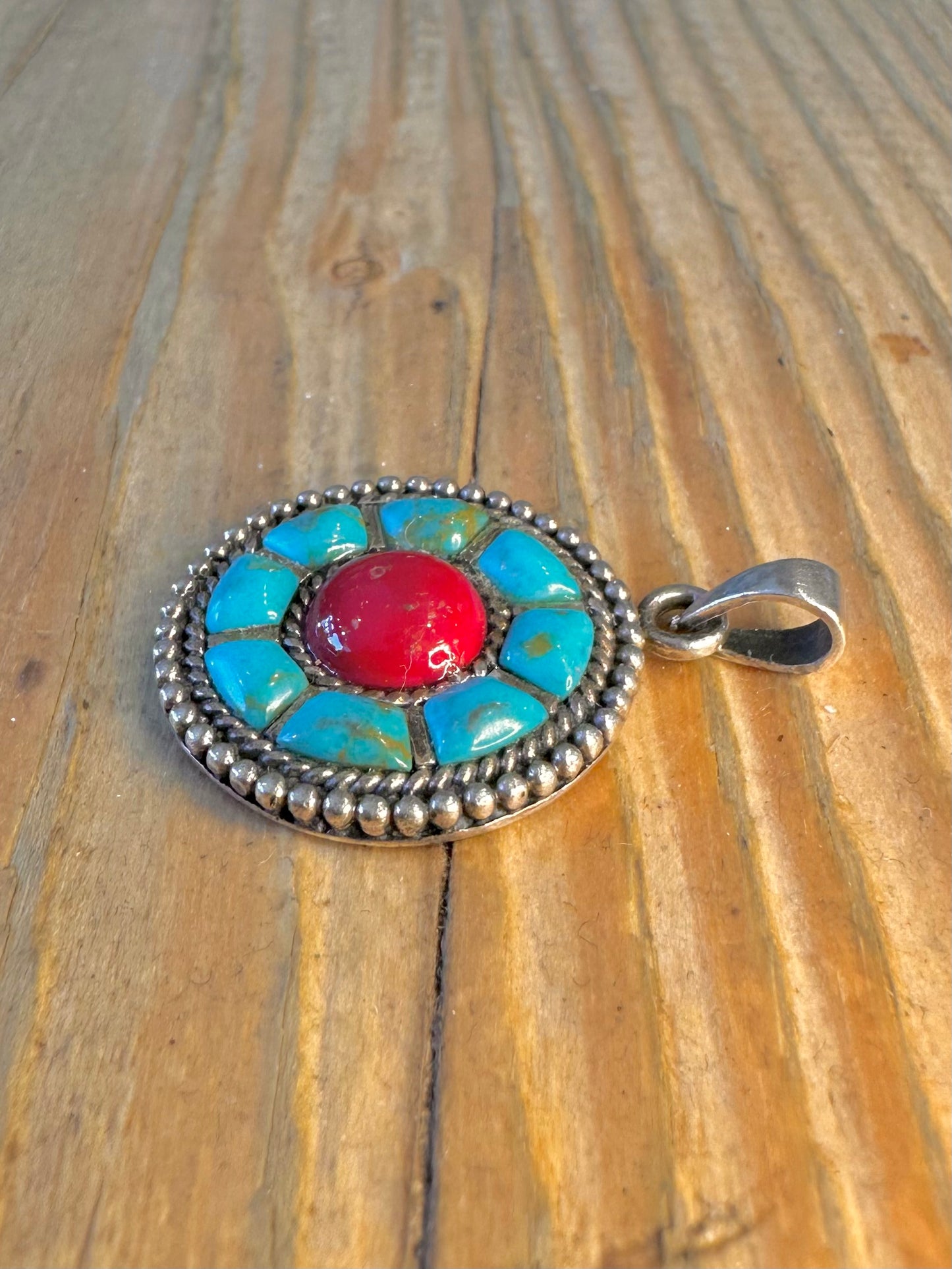 Turquoise and Coral Southwestern Style 925 Sterling Silver Pendant