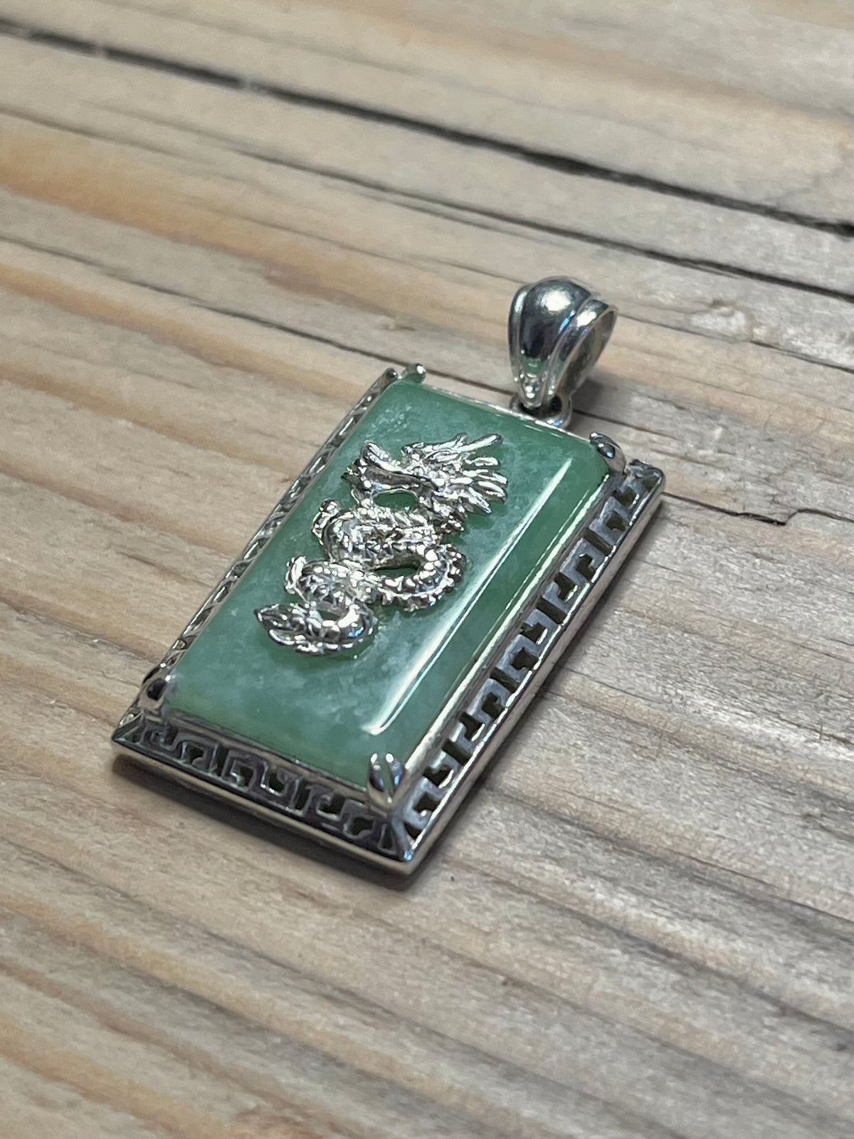 Rectangular Jade Dragon 925 Sterling Silver Pendant