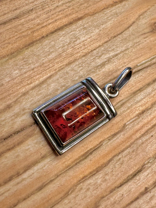 Vintage Rectangle Amber 925 Sterling Silver Pendant
