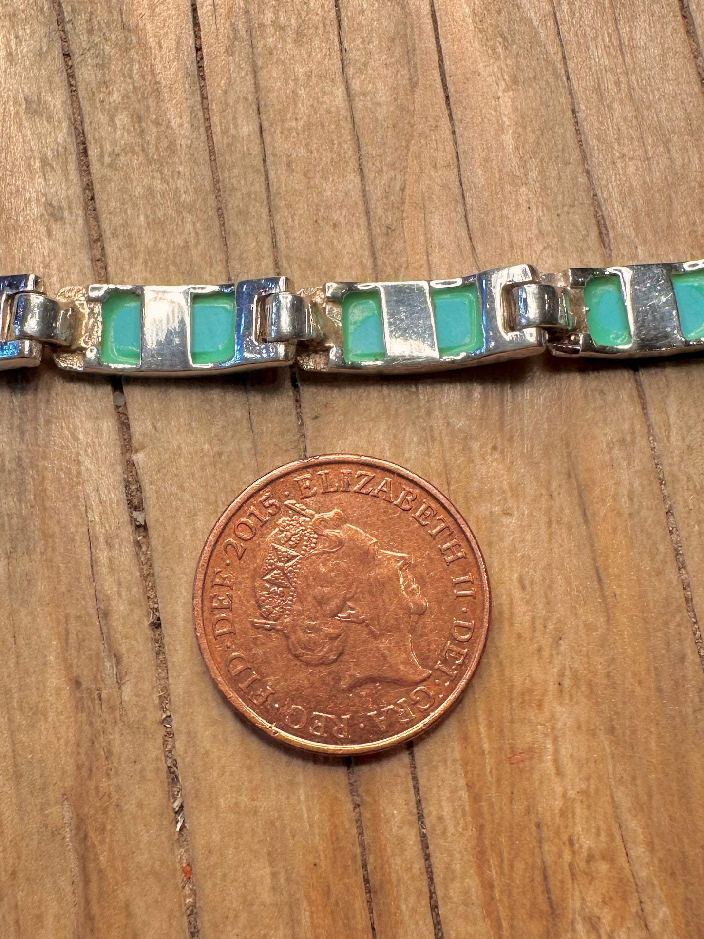 Vintage Turquoise Rectangle Links 925 Sterling Silver 7 inch Bracelet