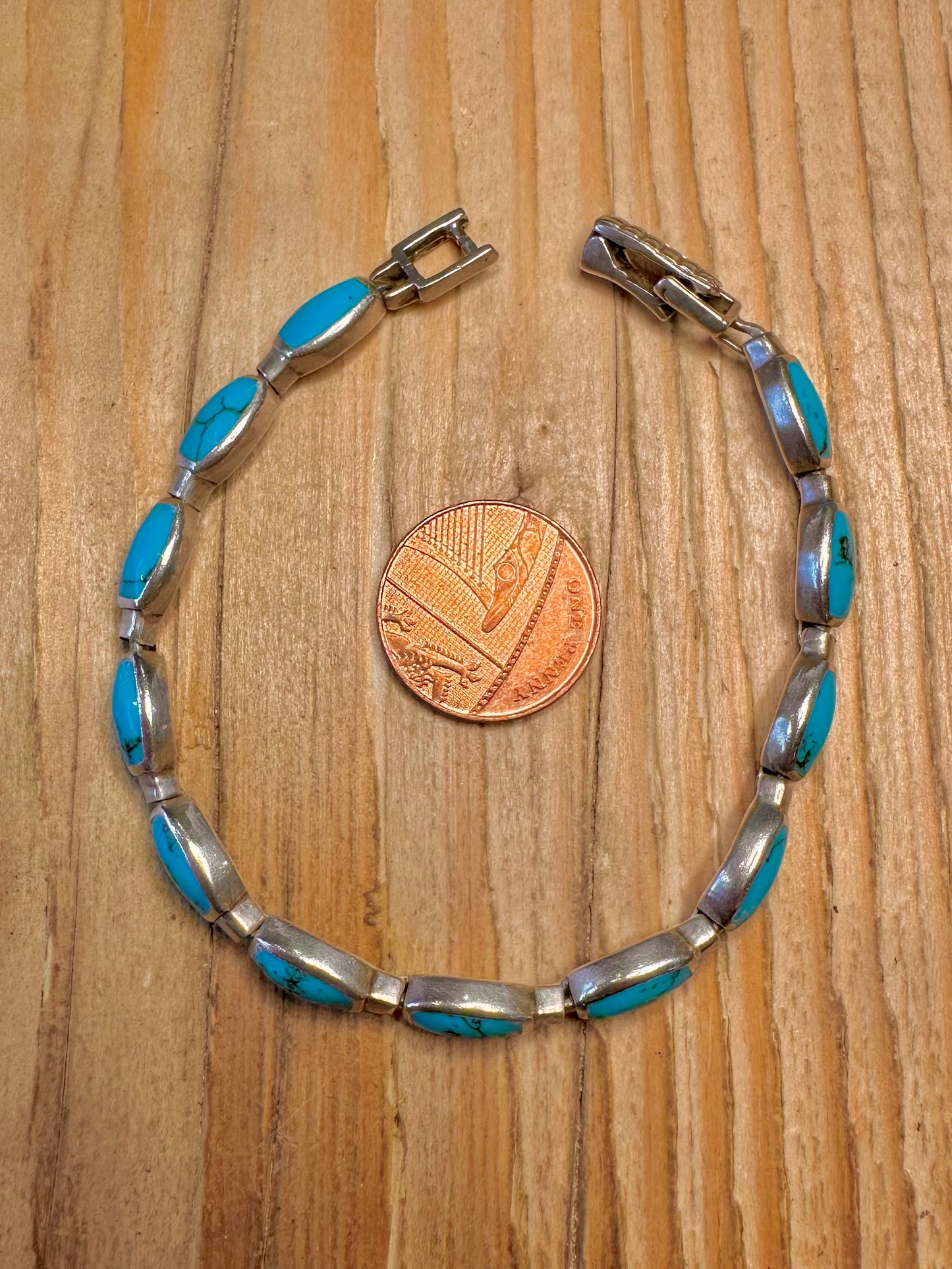 Vintage Turquoise Link 925 Sterling Silver 7.5 inch Bracelet