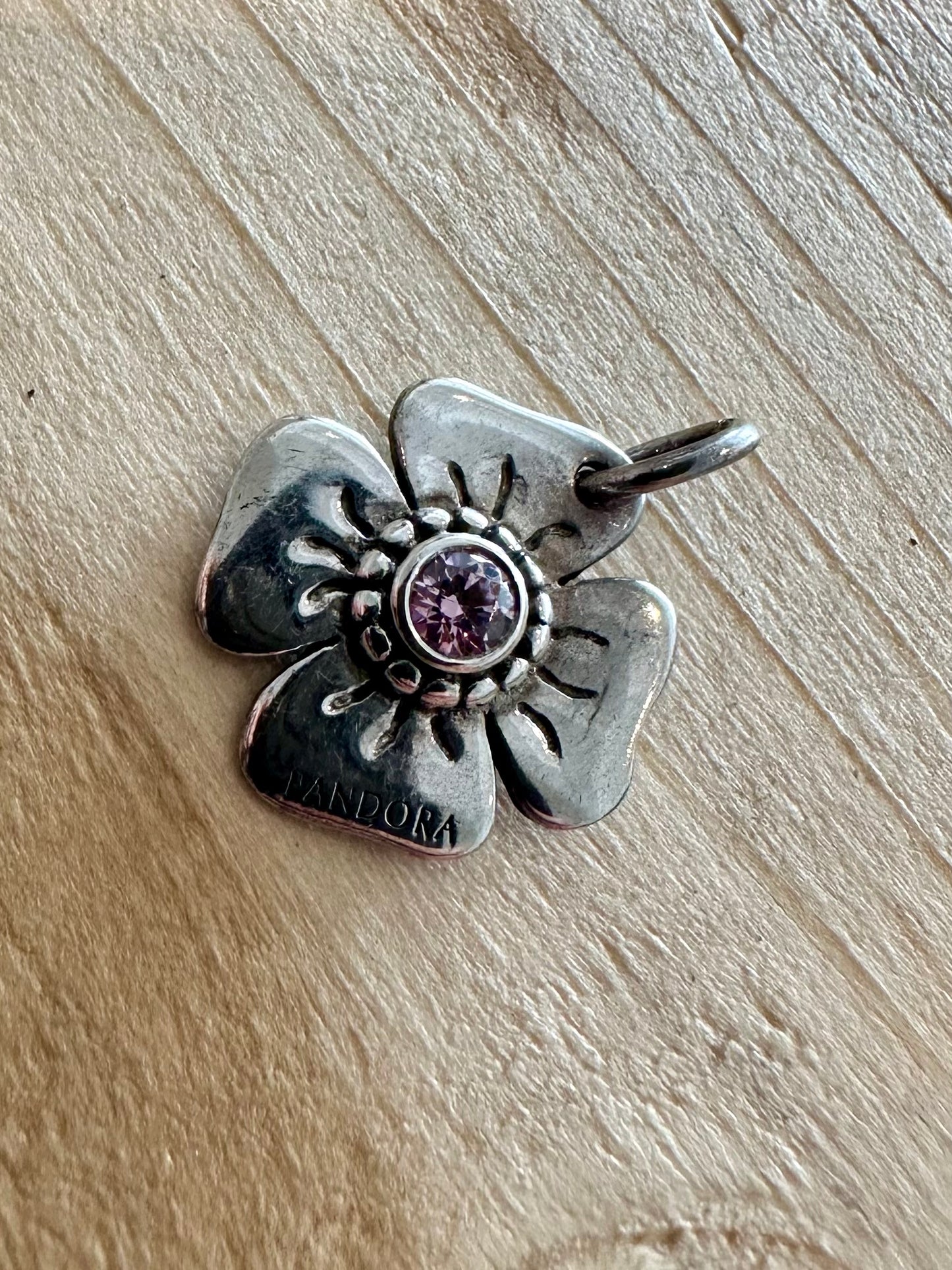 Vintage PANDORA Flower Pink Topaz 925 Silver Pendant